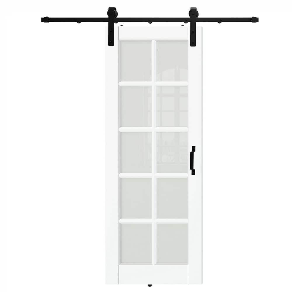 TENOMER White Primed MDF 10-Lite Frosted Glass Sliding Barn Door with Hardware Kit