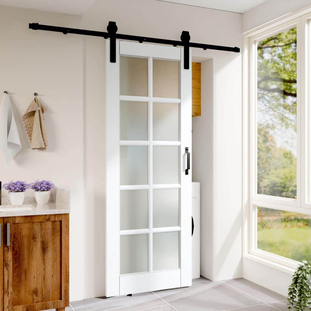 TENOMER White Primed MDF 10-Lite Frosted Glass Sliding Barn Door with Hardware Kit