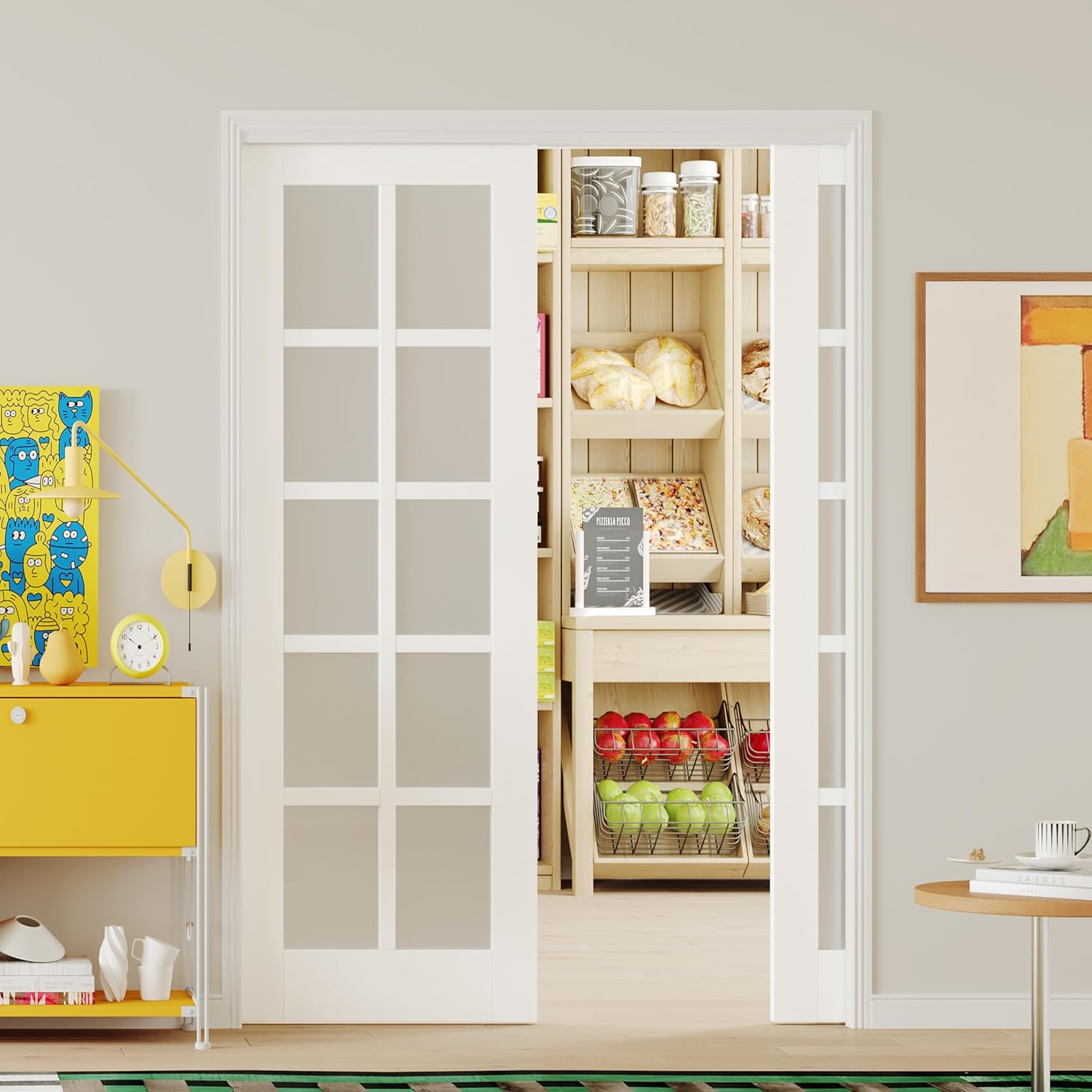 TENOMER White Primed MDF 10-Lite Frosted Glass Sliding Pocket Door with Hardware Kit