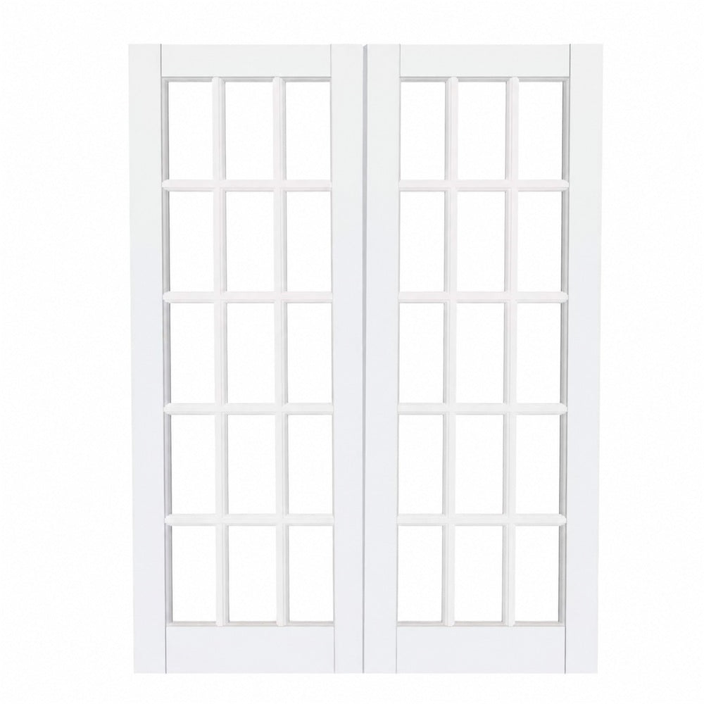 TENONER White Primed Finished Solid Core 15-Lite Clear Glass Slab / Prehung Interior French Door