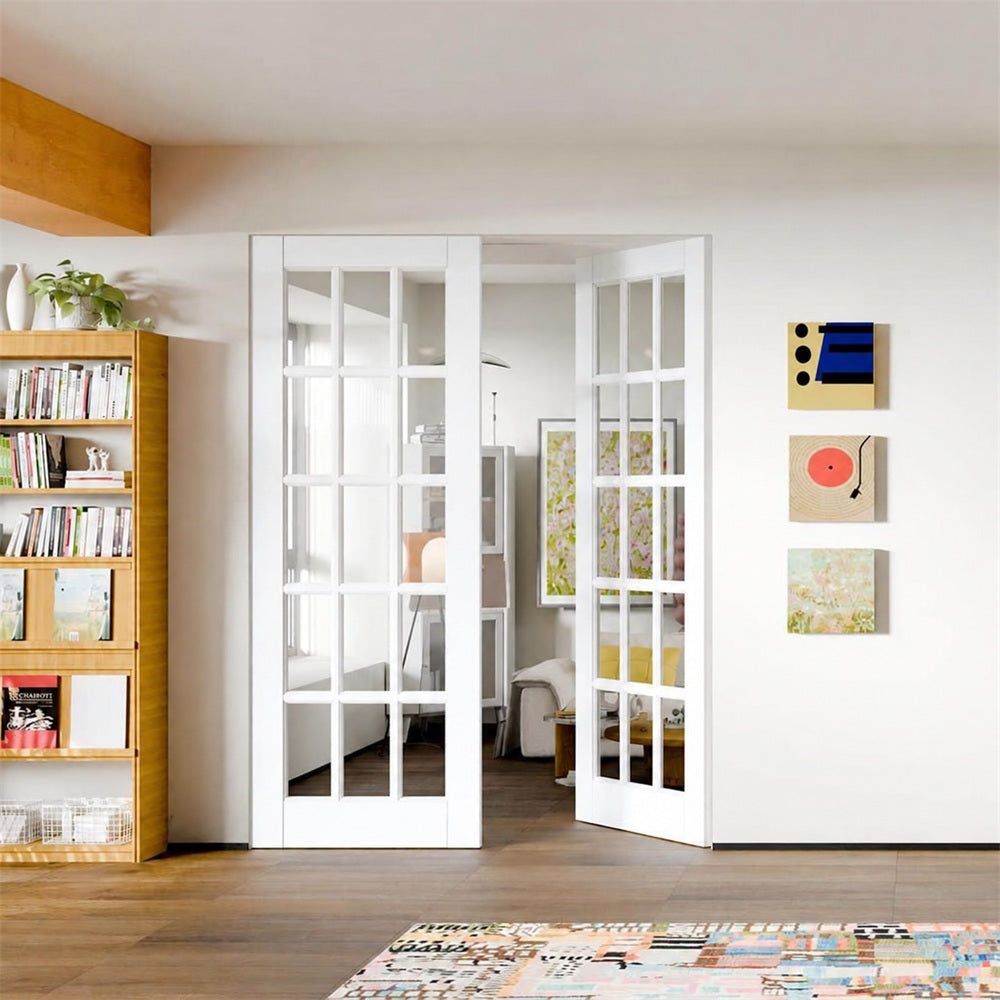 TENONER White Primed Finished Solid Core 15-Lite Clear Glass Slab / Prehung Interior French Door