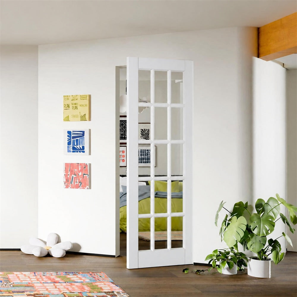 TENONER White Primed Finished Solid Core 15-Lite Clear Glass Slab / Prehung Interior Door