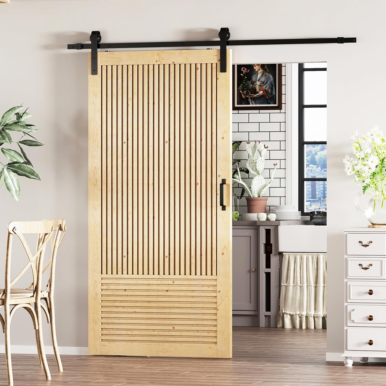TENONER Pine Wood Vertical Stripes Solid Core Sliding Barn Door - Suitable for DIY (Unfinished)