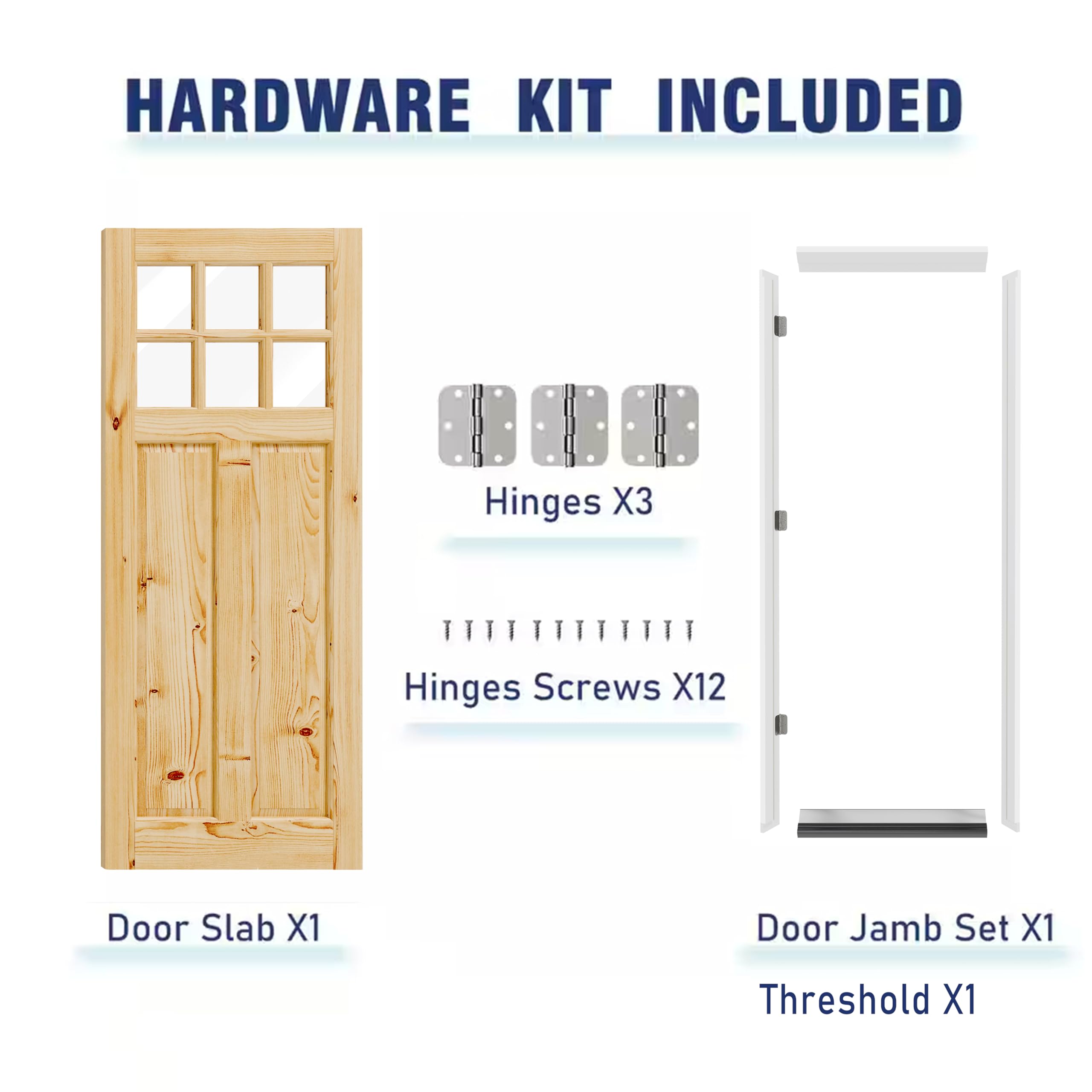 TENONER 6-Panel Clear Glass Solid Wood & MDF Waterproof Primed Exterior Doors