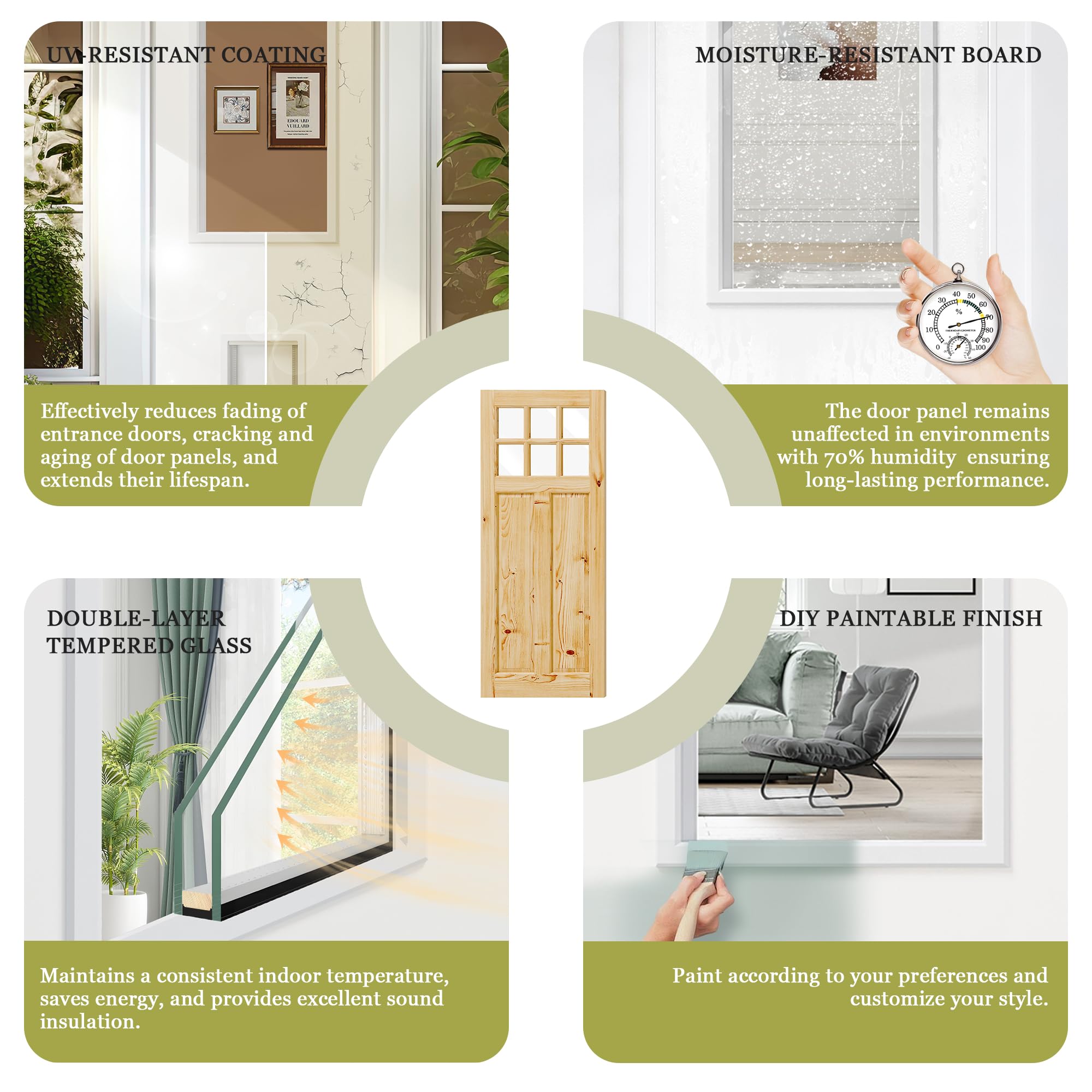 TENONER 6-Panel Clear Glass Solid Wood & MDF Waterproof Primed Exterior Doors