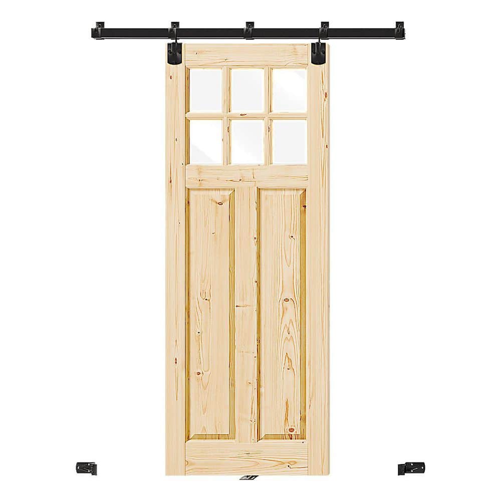 TENONER 6-Panel Clear Glass Solid Wood & MDF Waterproof Primed Exterior Sliding Barn Door