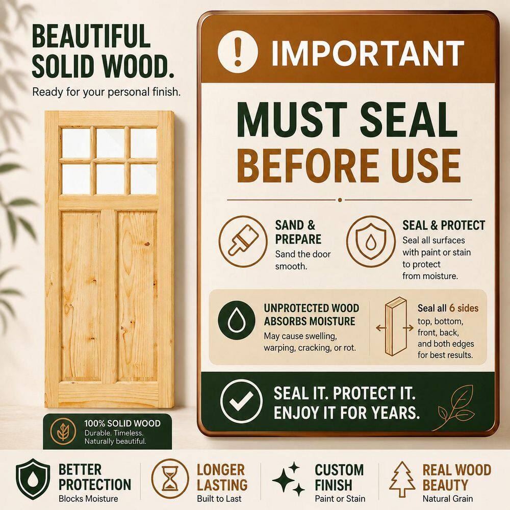 TENONER 6-Panel Clear Glass Solid Wood & MDF Waterproof Primed Exterior Sliding Barn Door