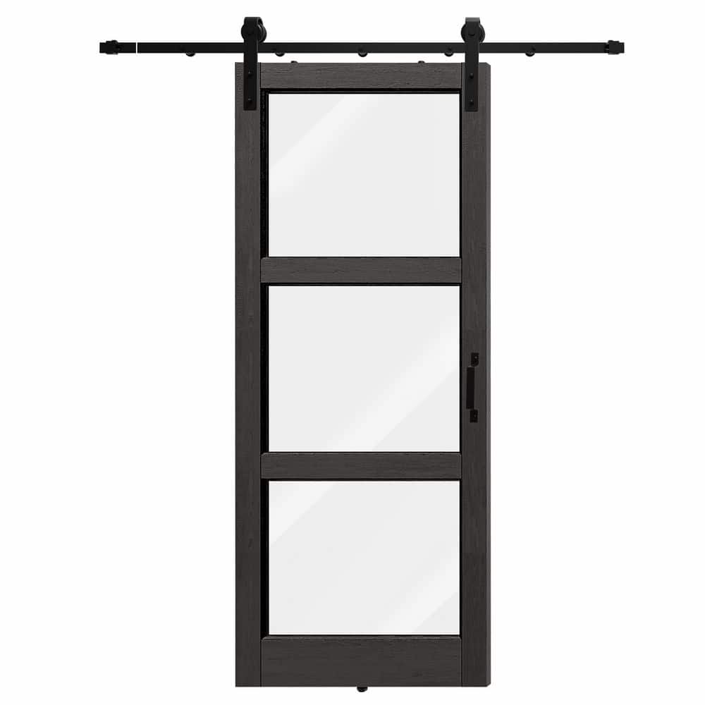 TENONER Black 5-Lite Clear Tempered Glass Sliding Barn Door with Accessories