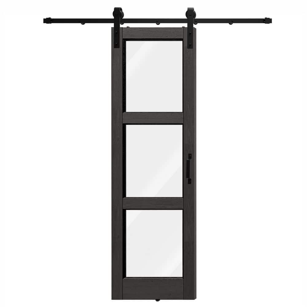 TENONER Black 3-Lite Clear Tempered Glass Sliding Barn Door with Hardware Kit