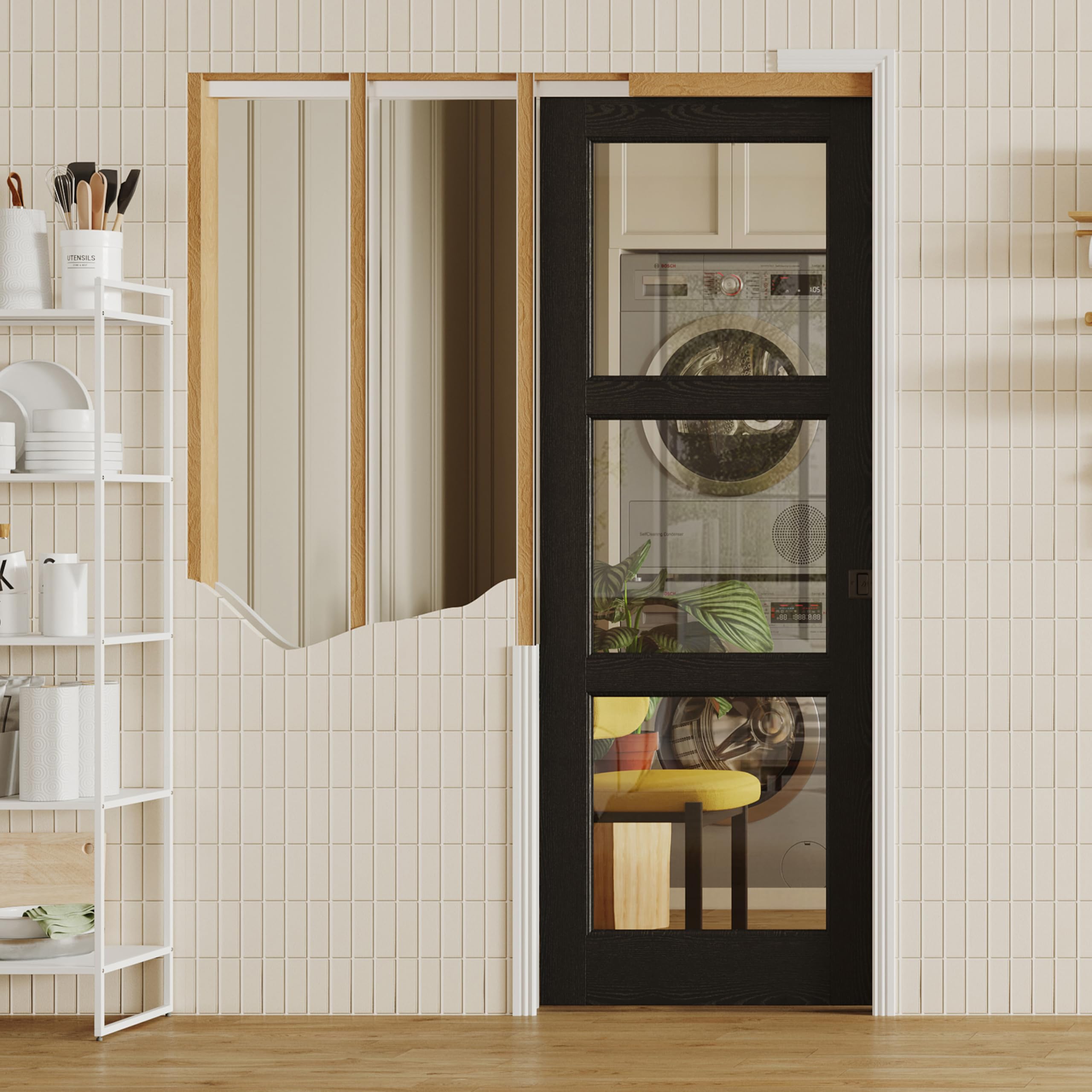 TENONER Black 3-Lite Clear Tempered Glass Sliding Pocket Door with Hardware Kit & Soft Close