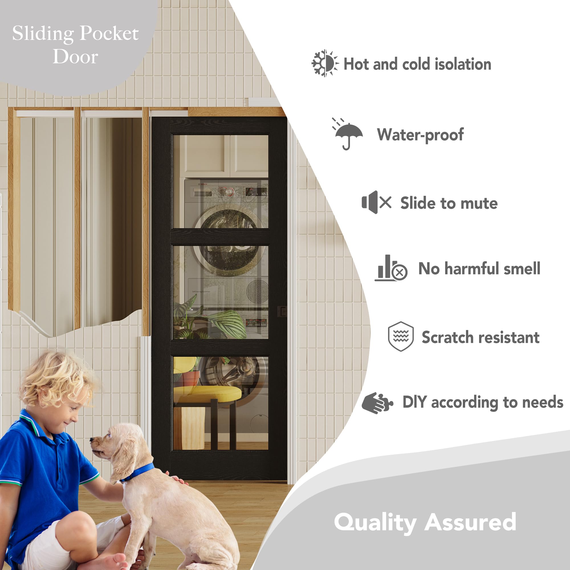 TENONER Black 3-Lite Clear Tempered Glass Sliding Pocket Door with Hardware Kit & Soft Close