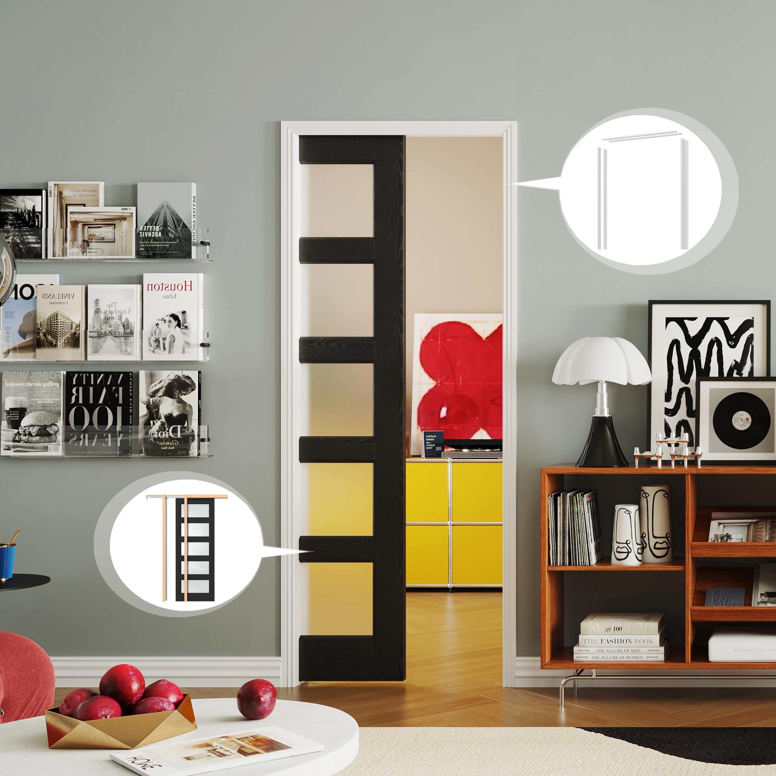 TENONER Black 5-Lite Tempered Frosted Glass Interior Pocket Door with Hardware