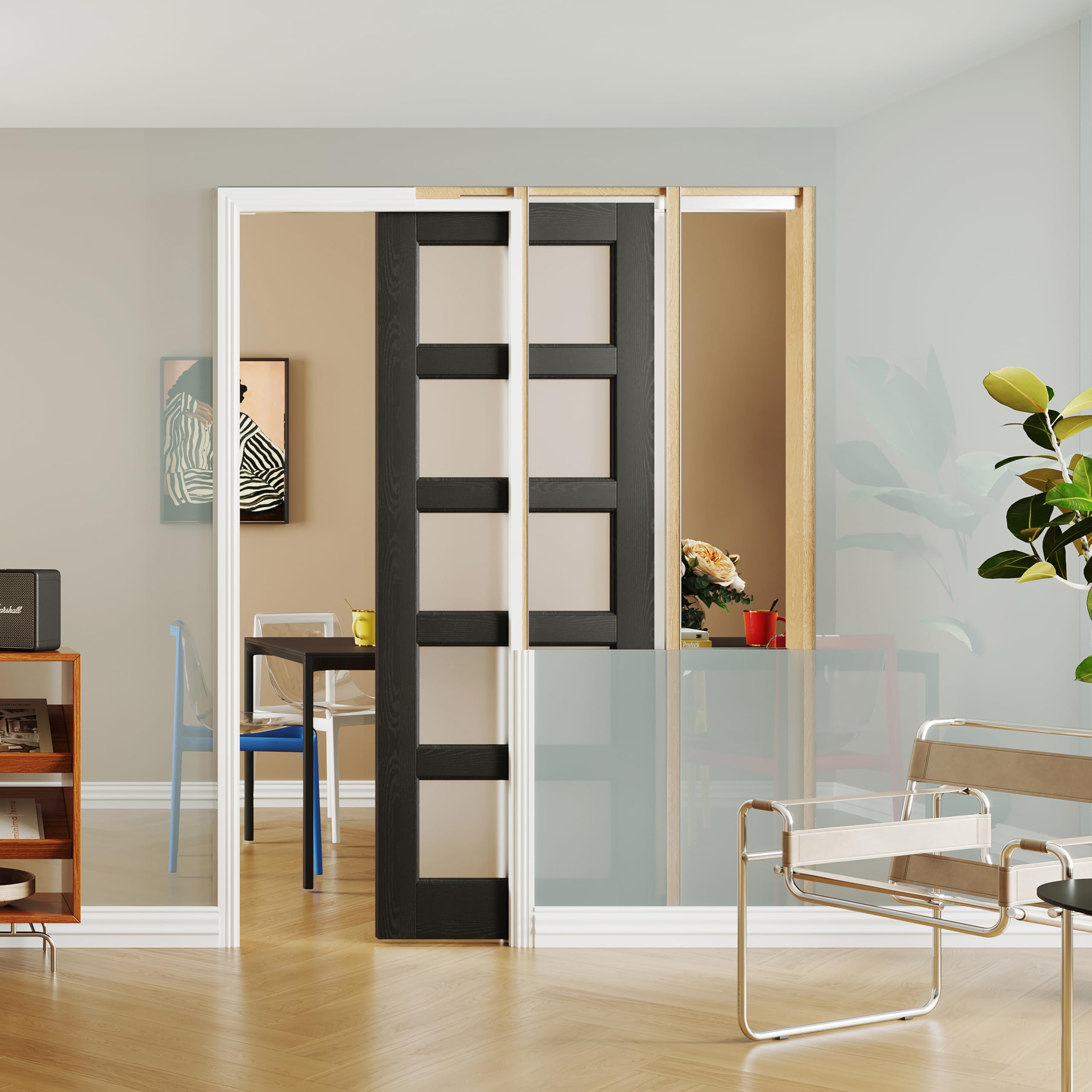 TENONER Black 5-Lite Tempered Frosted Glass Interior Pocket Door with Hardware