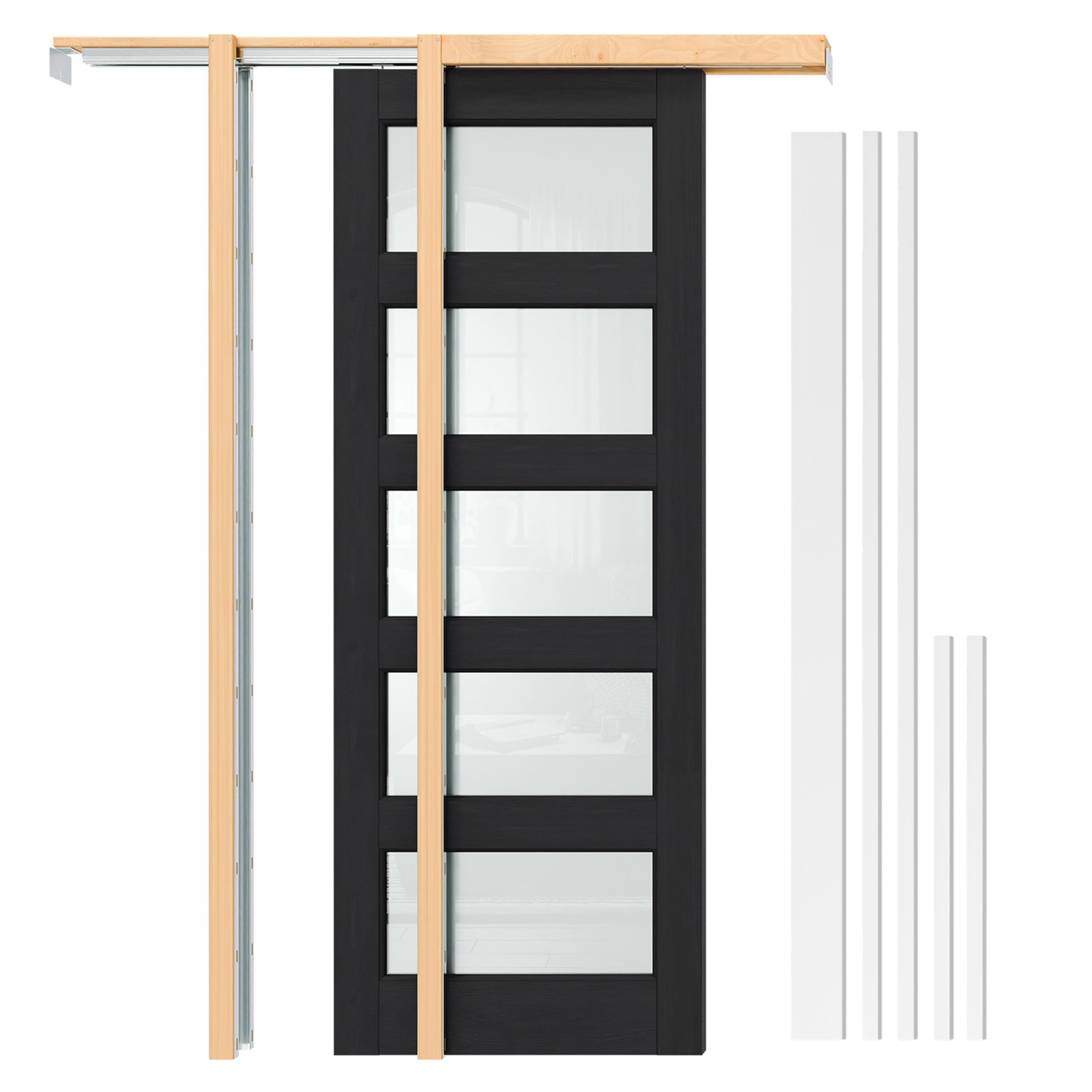 TENONER Black 5-Lite Tempered Frosted Glass Interior Pocket Door with Hardware