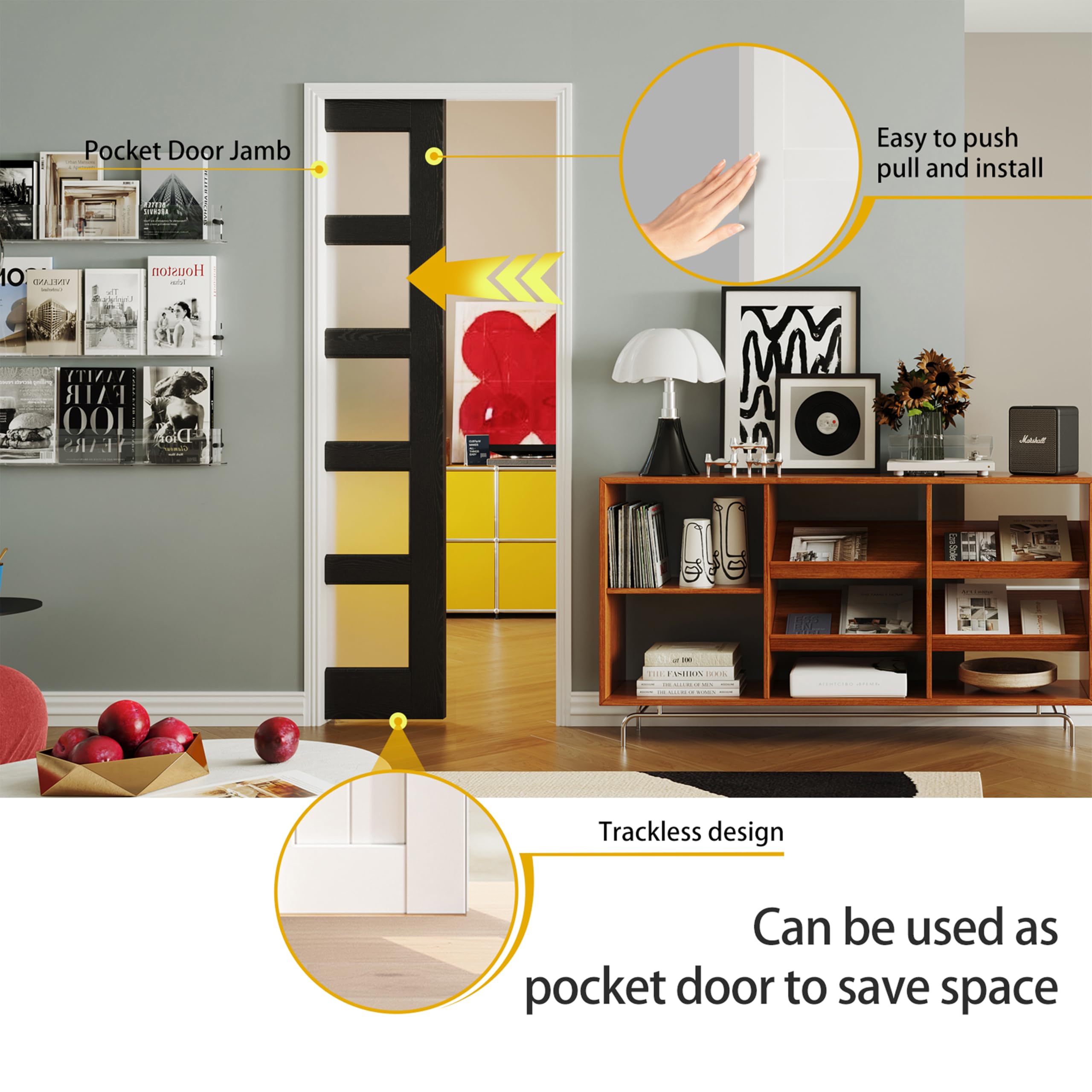 TENONER Black 5-Lite Tempered Frosted Glass Interior Pocket Door with Hardware