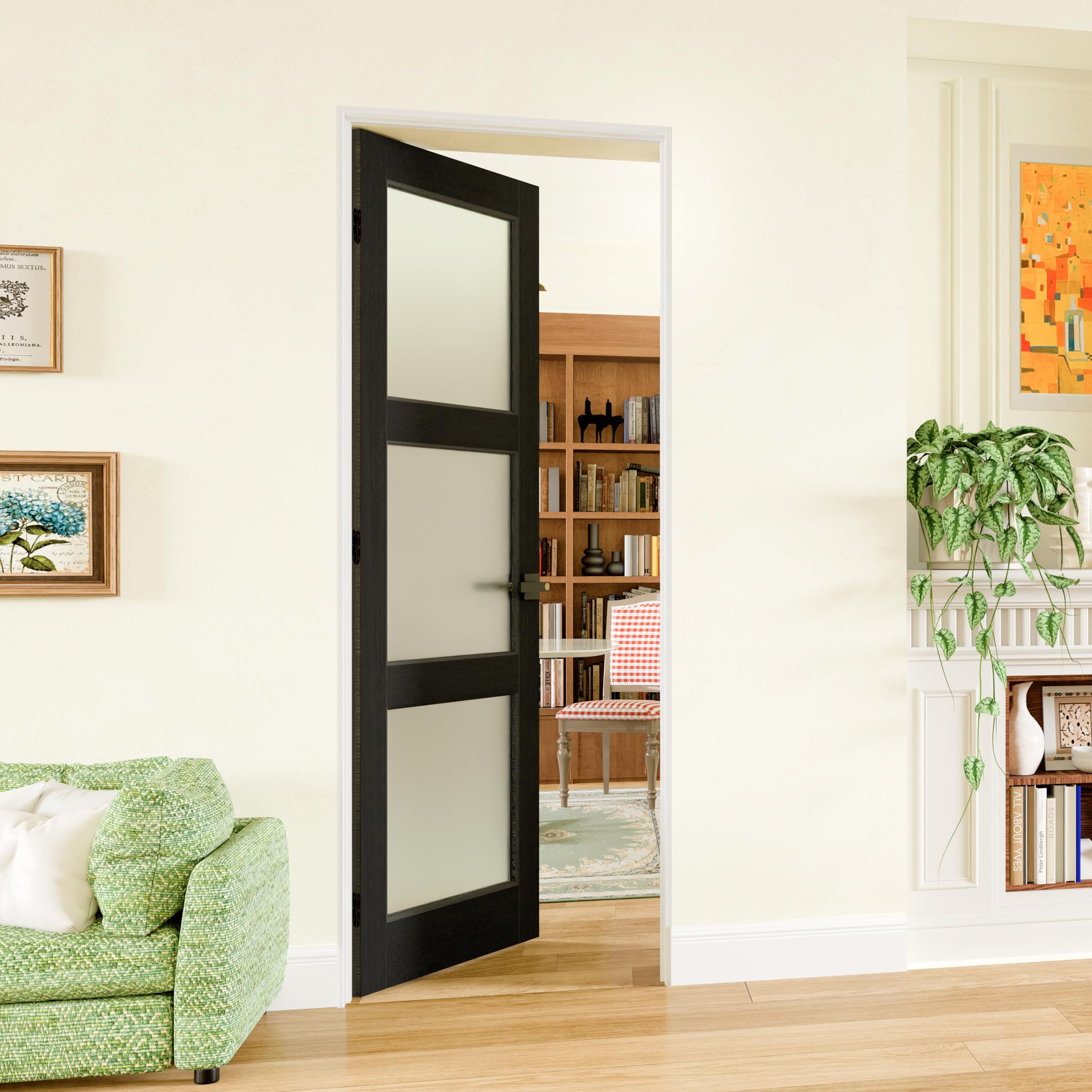 TENONER Black MDF 3-Lite Frosted Glass Interior Door Slab for Living Room, Bedroom, Hallway