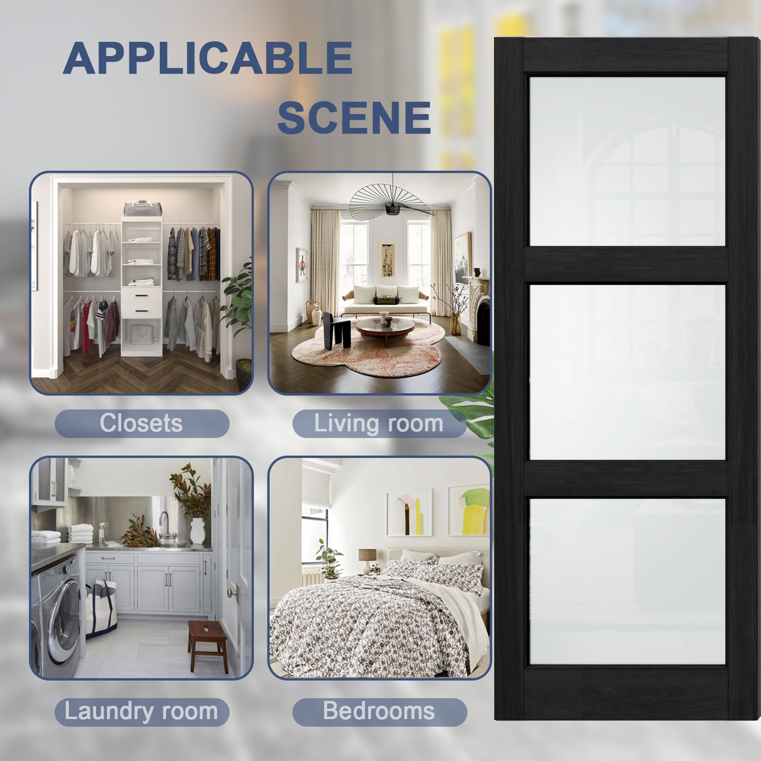 TENONER Black MDF 3-Lite Frosted Glass Interior Door Slab for Living Room, Bedroom, Hallway