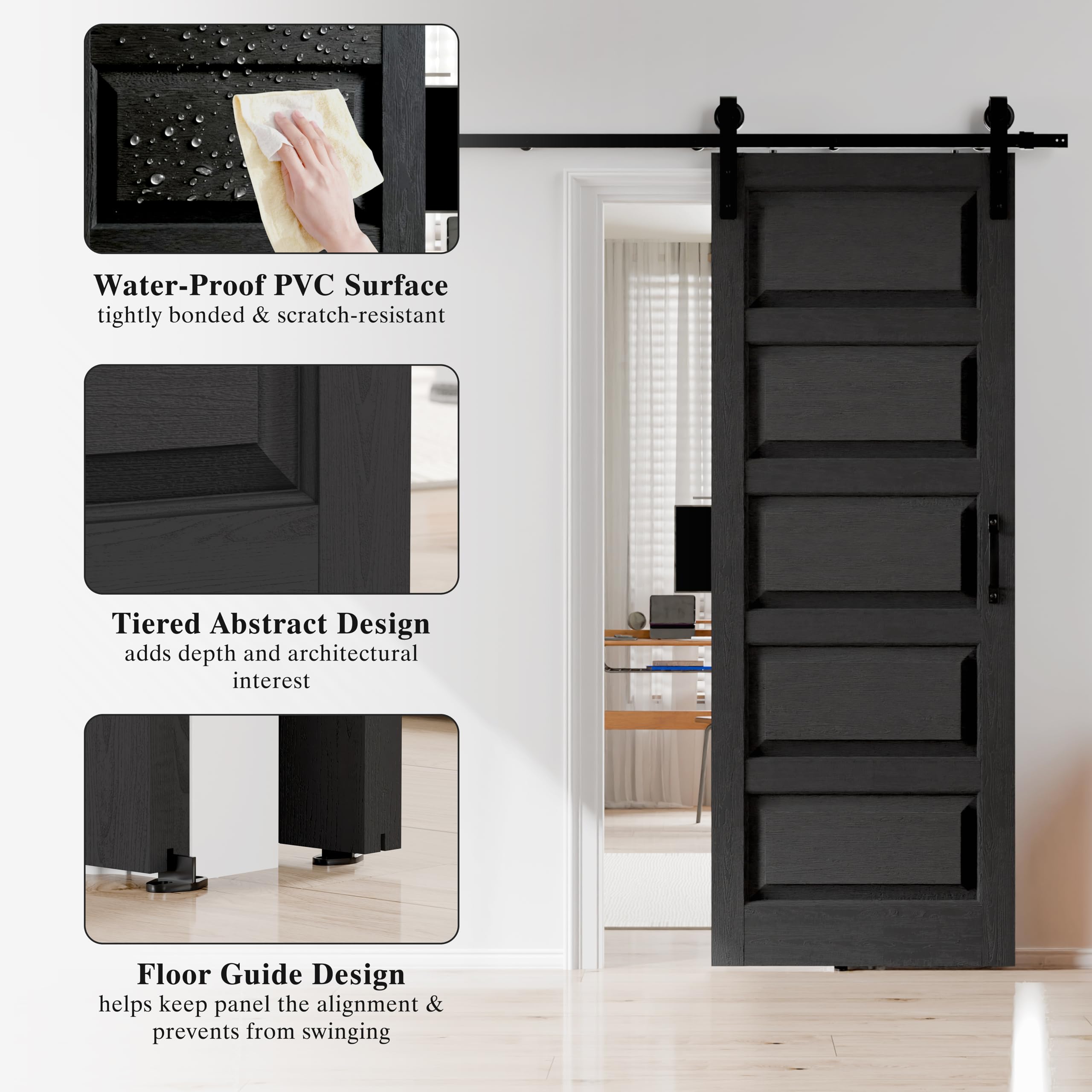 TENONER Black MDF Modern 5-Panel Waterproof PVC Surface Sliding Barn Door