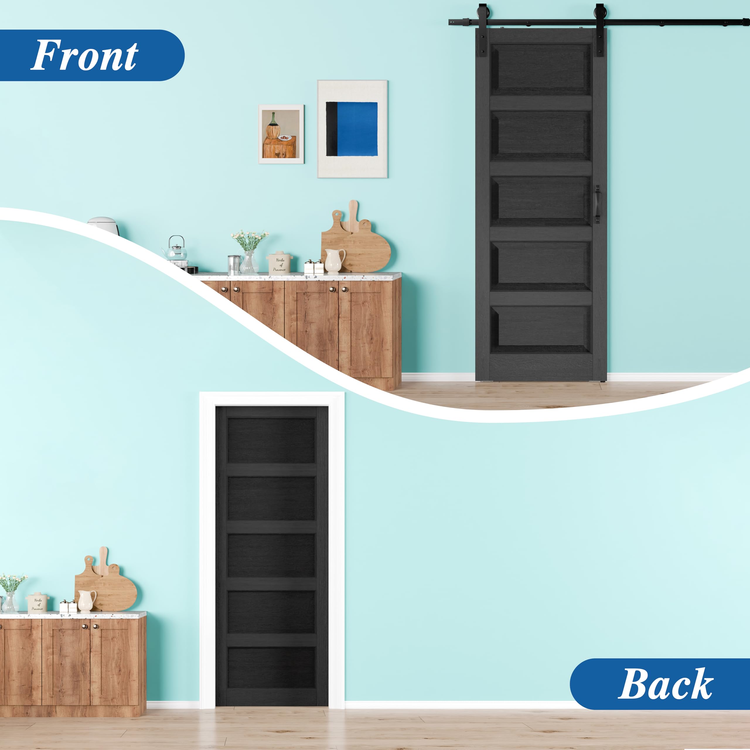 TENONER Black MDF Modern 5-Panel Waterproof PVC Surface Sliding Barn Door