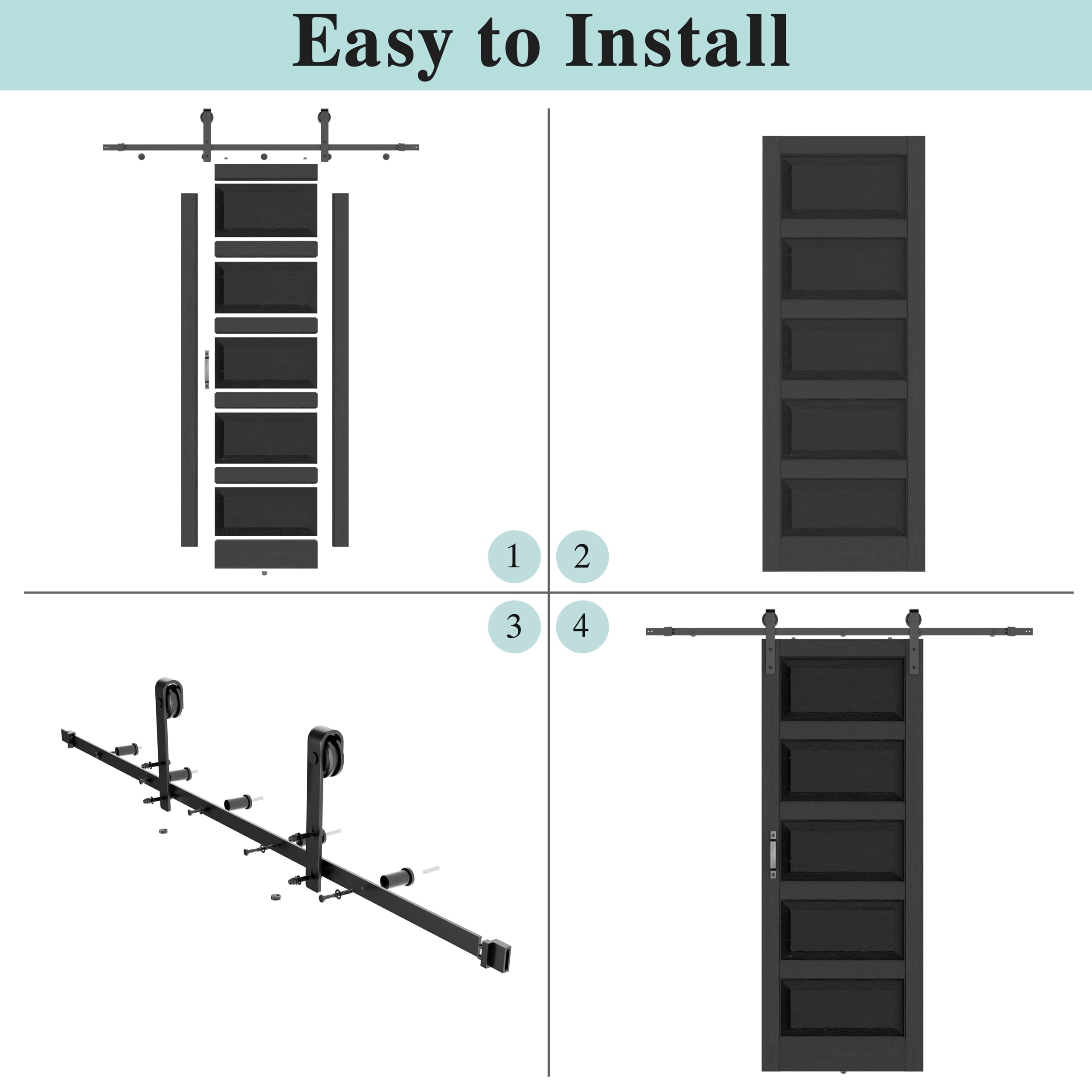 TENONER Black MDF Modern 5-Panel Waterproof PVC Surface Sliding Barn Door
