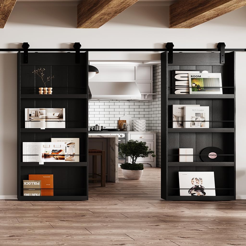 TENONER Black Solid Core MDF Bookshelf Sliding Barn Door for Living Rooms, Bedrooms, Closet