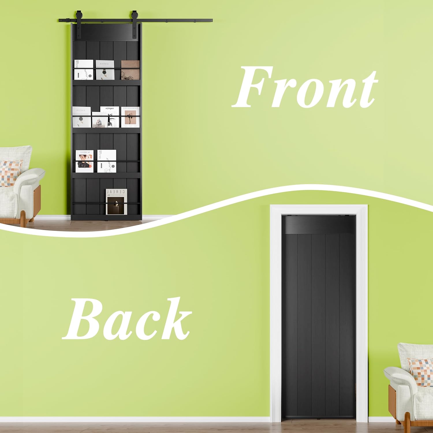 TENONER Black Solid Core MDF Bookshelf Sliding Barn Door for Living Rooms, Bedrooms, Closet