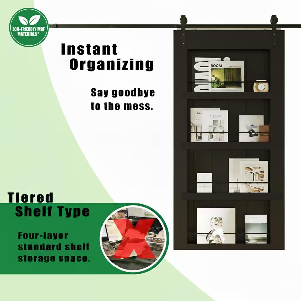 TENONER Black Solid Core MDF Bookshelf Sliding Barn Door for Living Rooms, Bedrooms, Closet