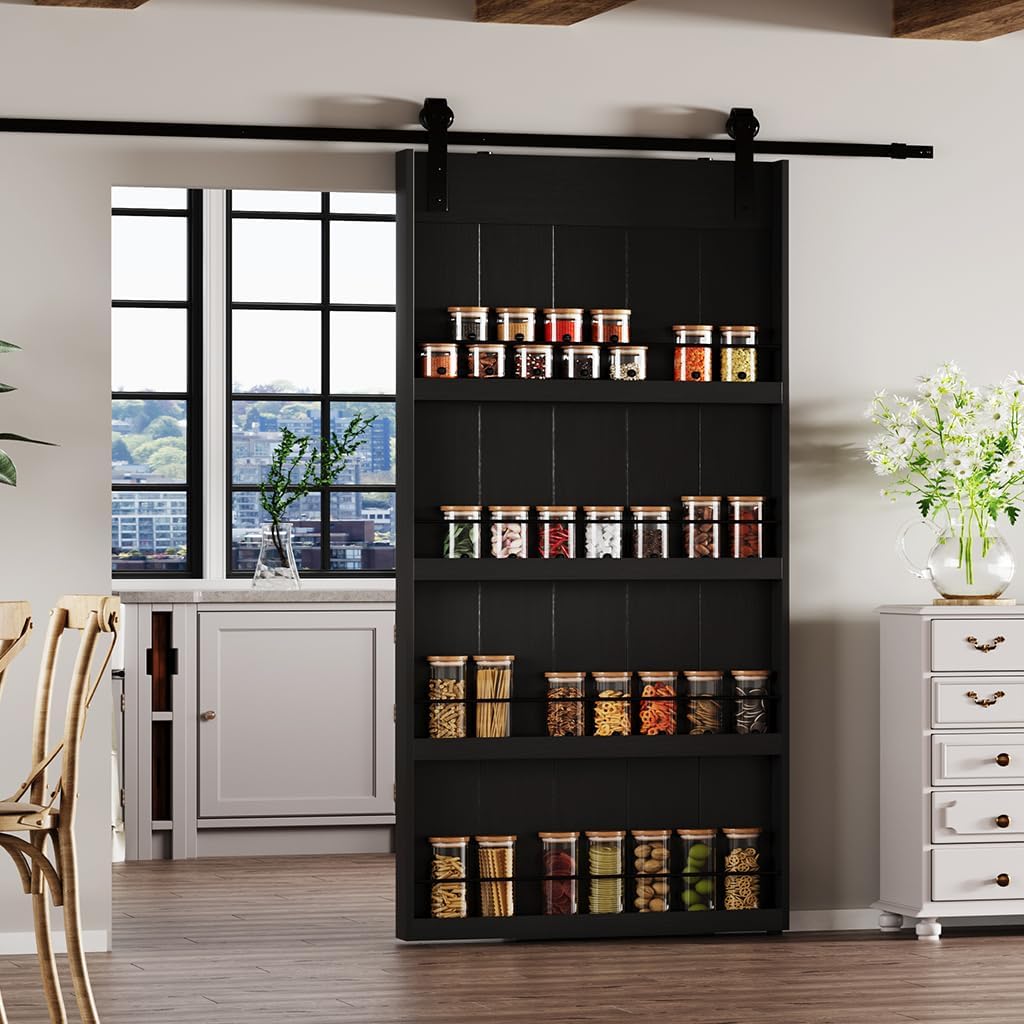 TENONER Black Solid Core MDF Bookshelf Sliding Barn Door for Living Rooms, Bedrooms, Closet
