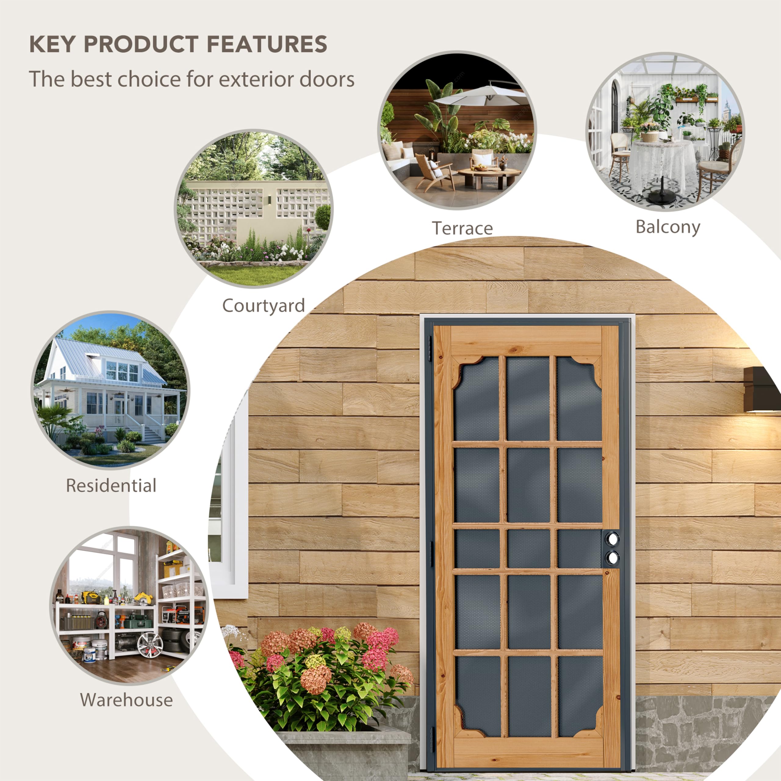 TENONER Bronze Steel Exterior Security Screen Door