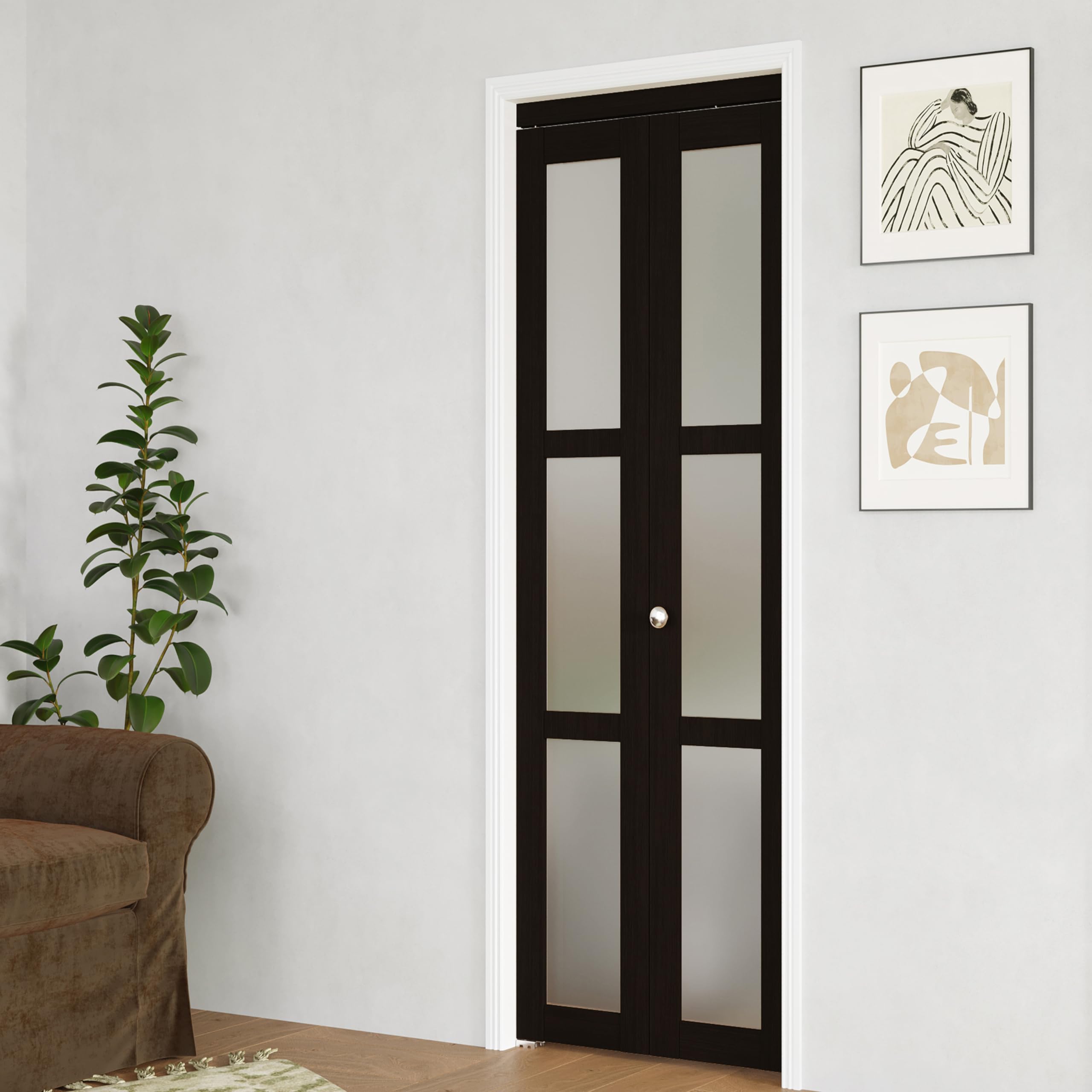 TENONER Dark Brown MDF 3-lite Tempered Frosted Glass Bifold Door with Hardware Kit