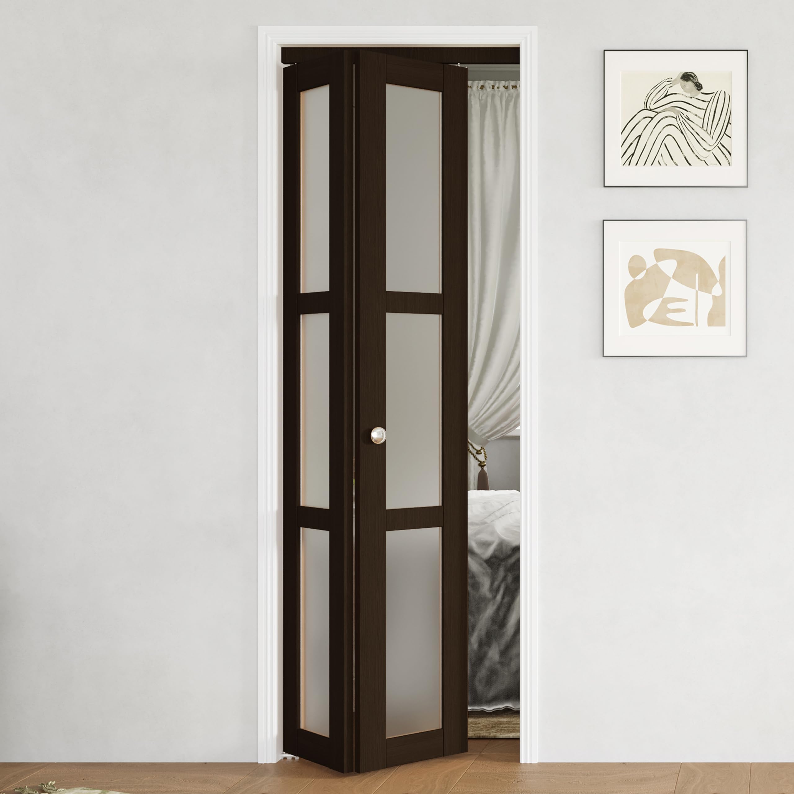 TENONER Dark Brown MDF 3-lite Tempered Frosted Glass Bifold Door with Hardware Kit
