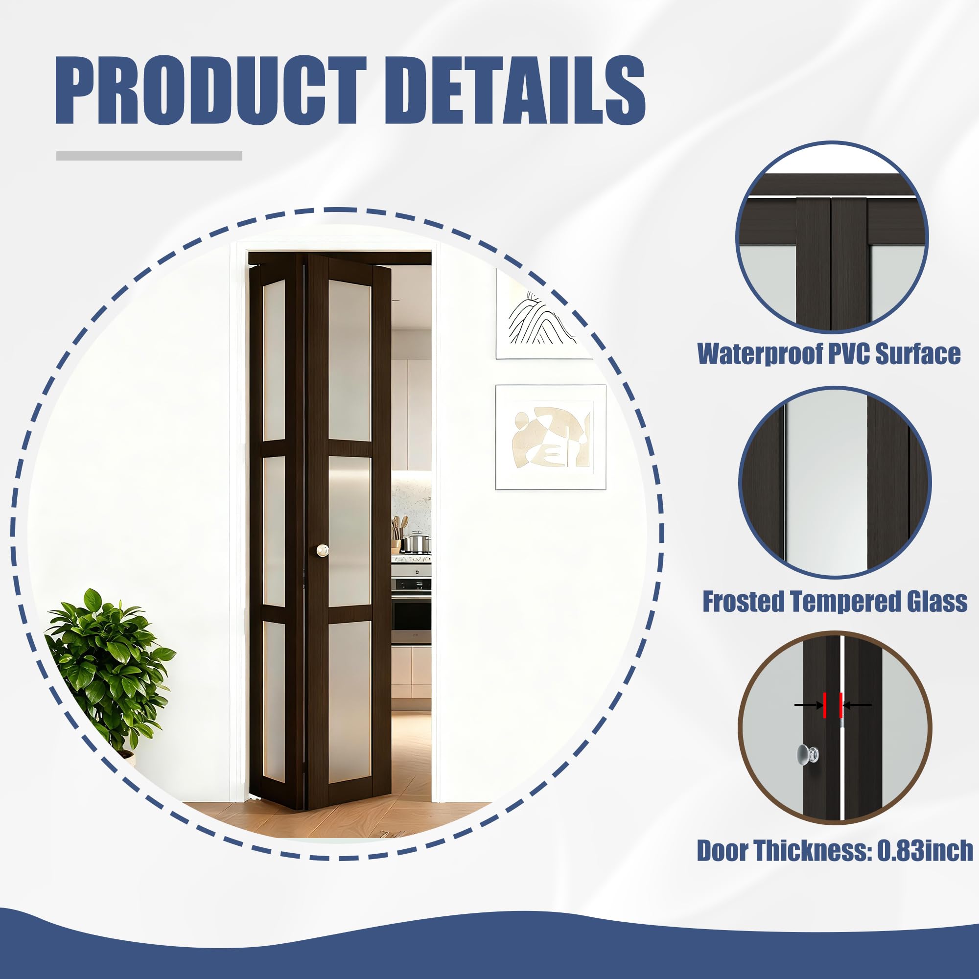 TENONER Dark Brown MDF 3-lite Tempered Frosted Glass Bifold Door with Hardware Kit