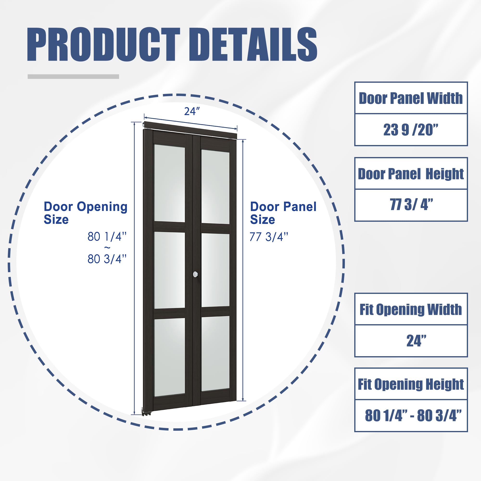 TENONER Dark Brown MDF 3-lite Tempered Frosted Glass Bifold Door with Hardware Kit