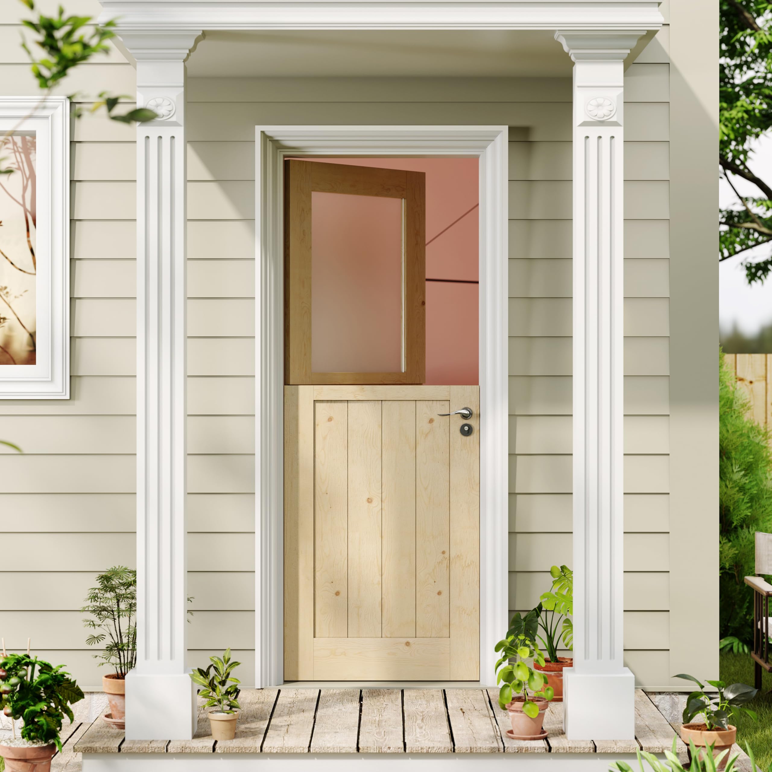 TENONER Pine Solid Core 1-Lite Tempered Frosted Glass Exterior Dutch Door