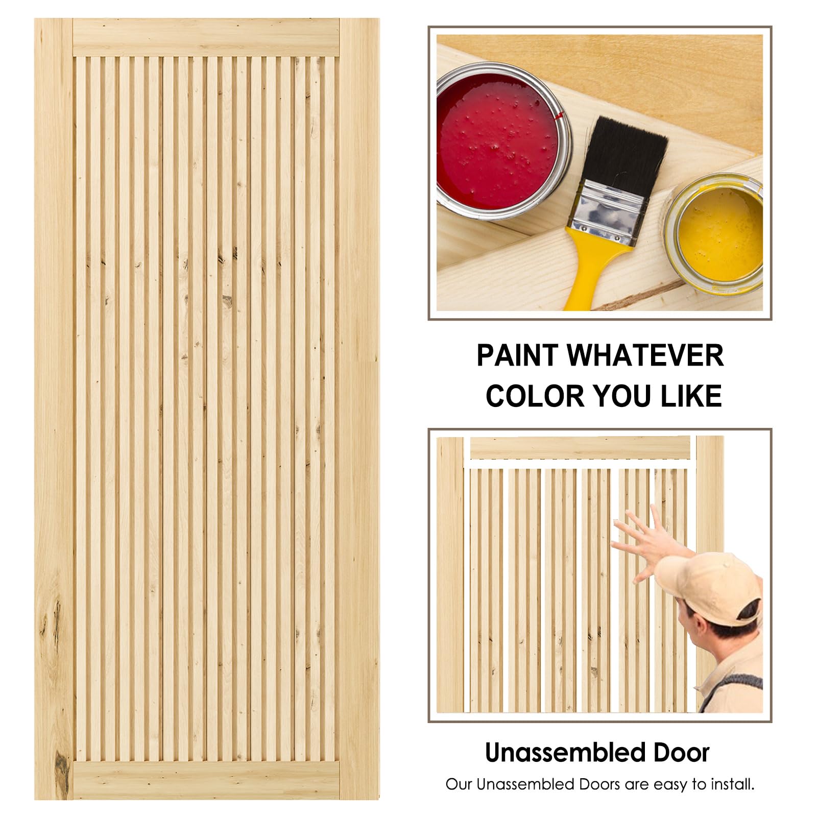 TENONER Pine Wood Vertical Stripes Solid Core Sliding Barn Door with Hardware - Suitable for DIY (Unfinished)