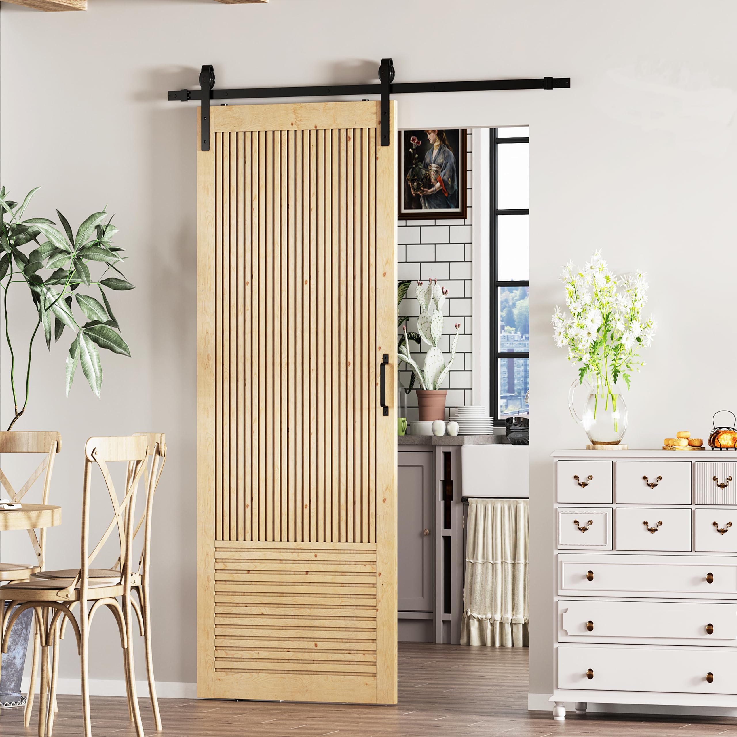 TENONER Pine Wood Vertical & Horizontal Stripes Solid Core Sliding Barn Door with Hardware - Suitable for DIY (Unfinished)