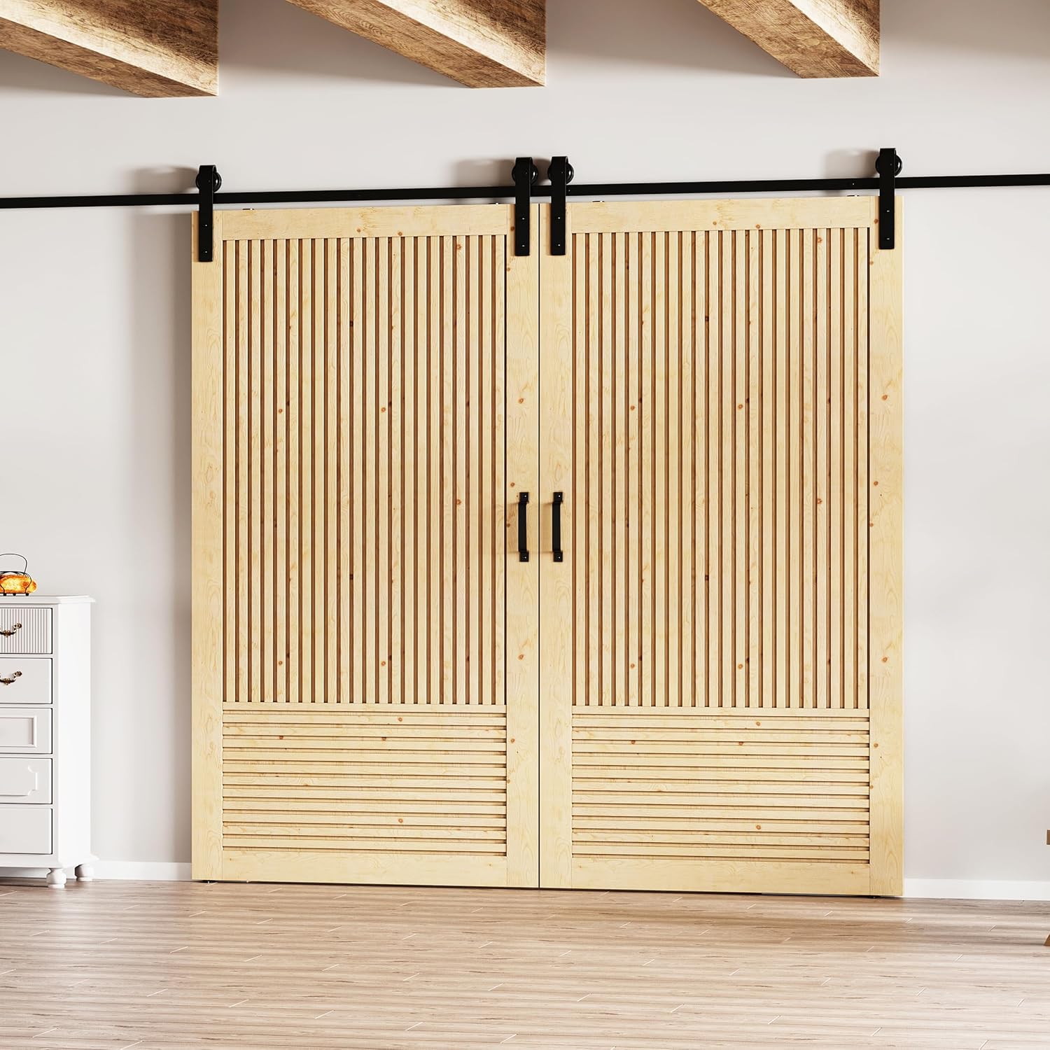 TENONER Pine Wood Vertical & Horizontal Stripes Solid Core Sliding Barn Door with Hardware - Suitable for DIY (Unfinished)