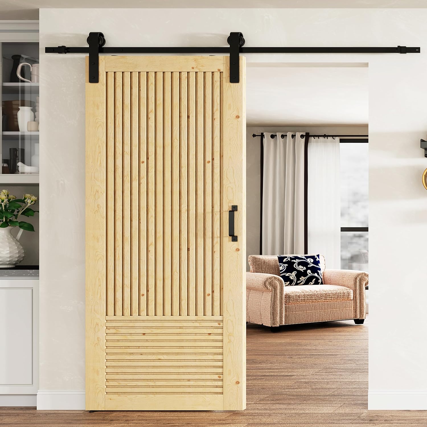 TENONER Pine Wood Vertical & Horizontal Stripes Solid Core Sliding Barn Door with Hardware - Suitable for DIY (Unfinished)