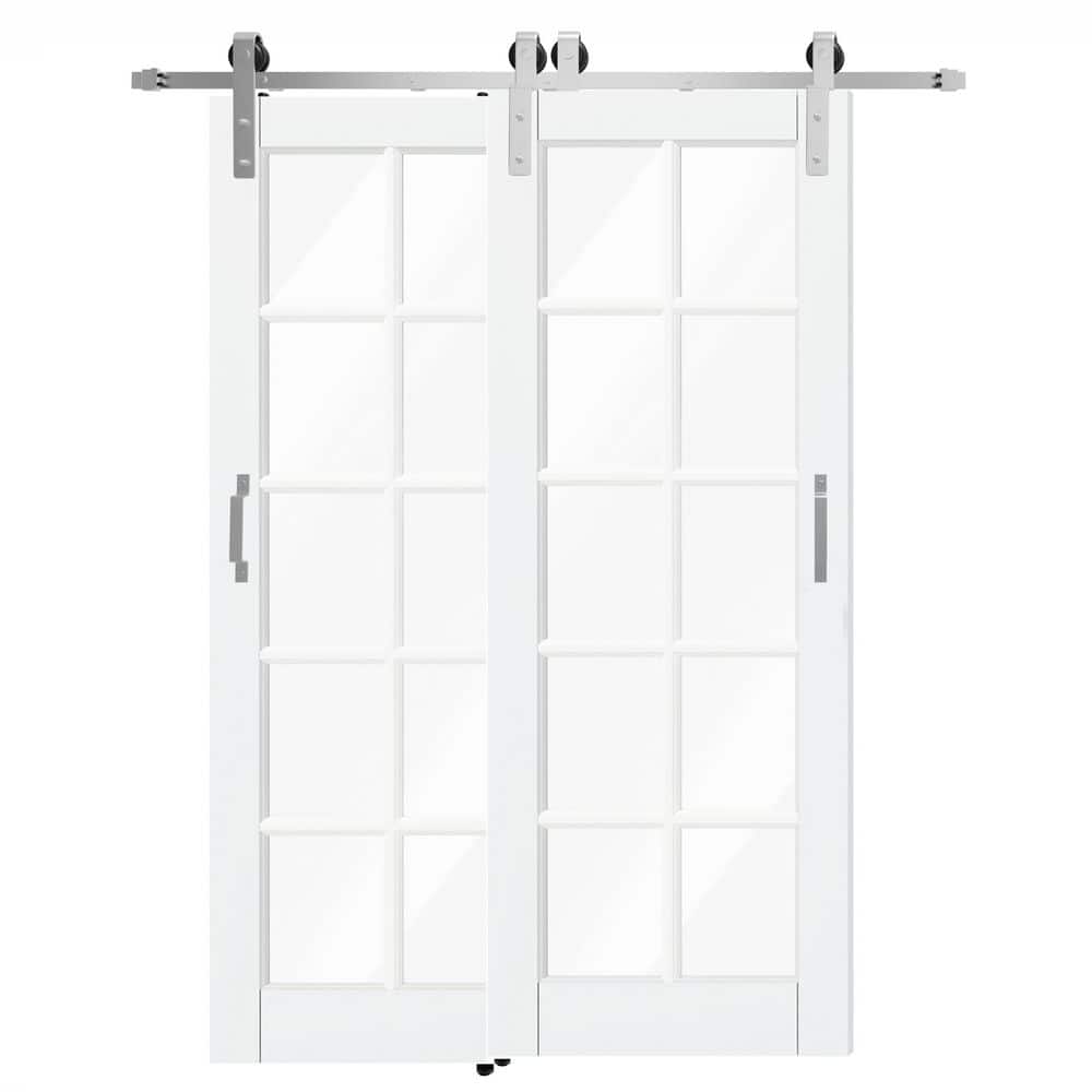 TENONER White 10-Lite Clear Glass Bypass Barn Door for Bedroom, Living Room,Laundry