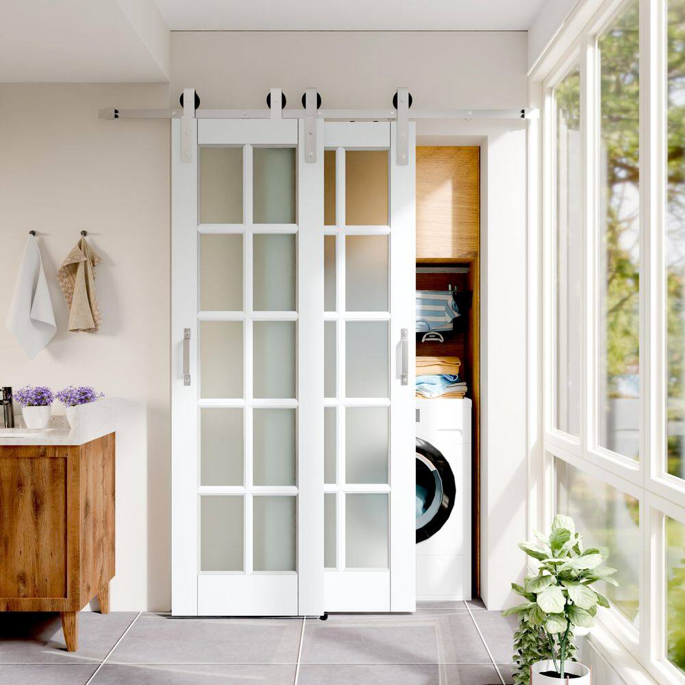 TENONER White 10-Lite Frosted Glass Bypass Barn Door for  Bedroom, Living Room,Laundry