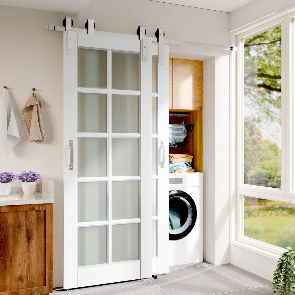 TENONER White 10-Lite Frosted Glass Bypass Barn Door for  Bedroom, Living Room,Laundry