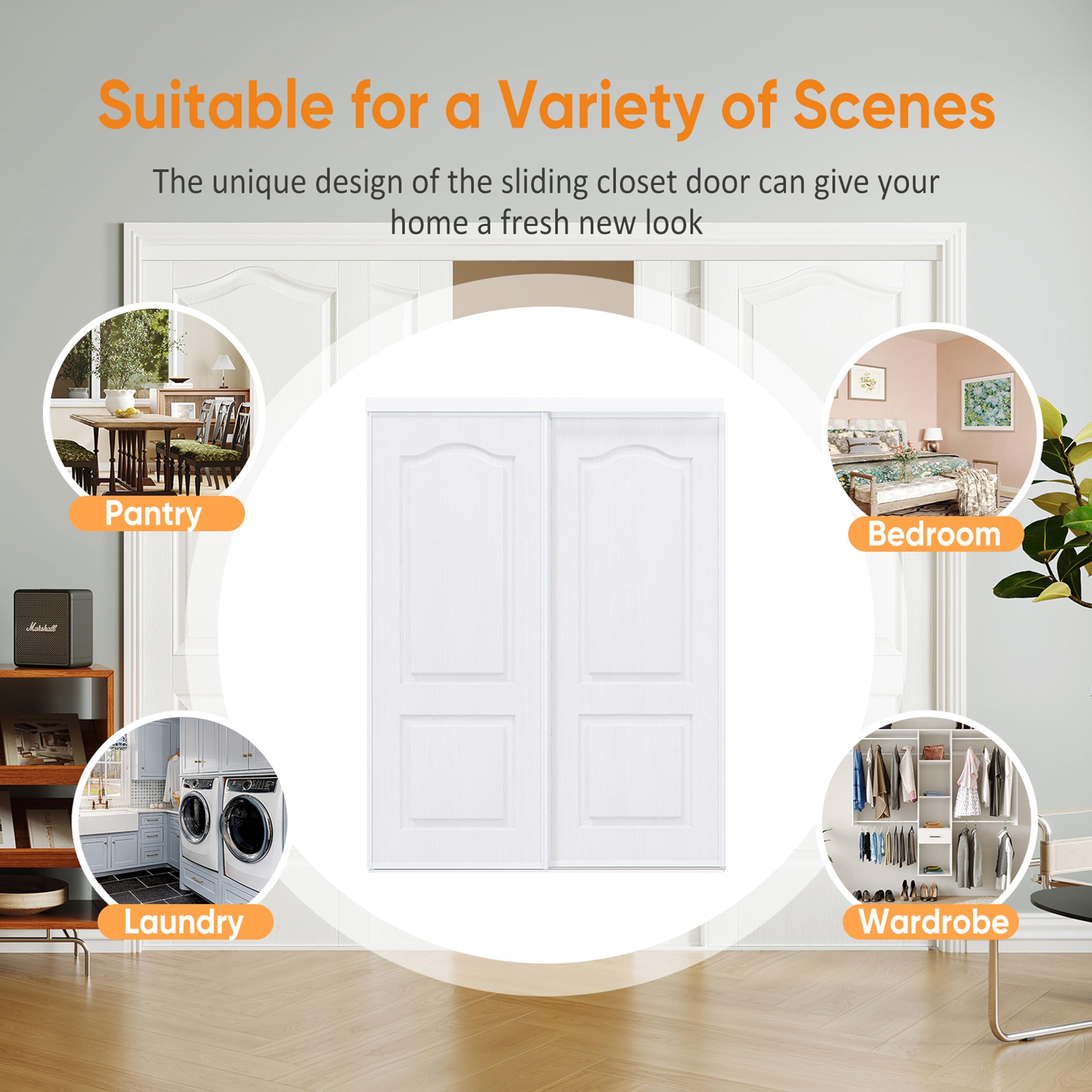 TENONER White 2-Panel Ultra-Thin Core Sliding Closet Doors with Top and Bottom Track & Complete Hardware Kit