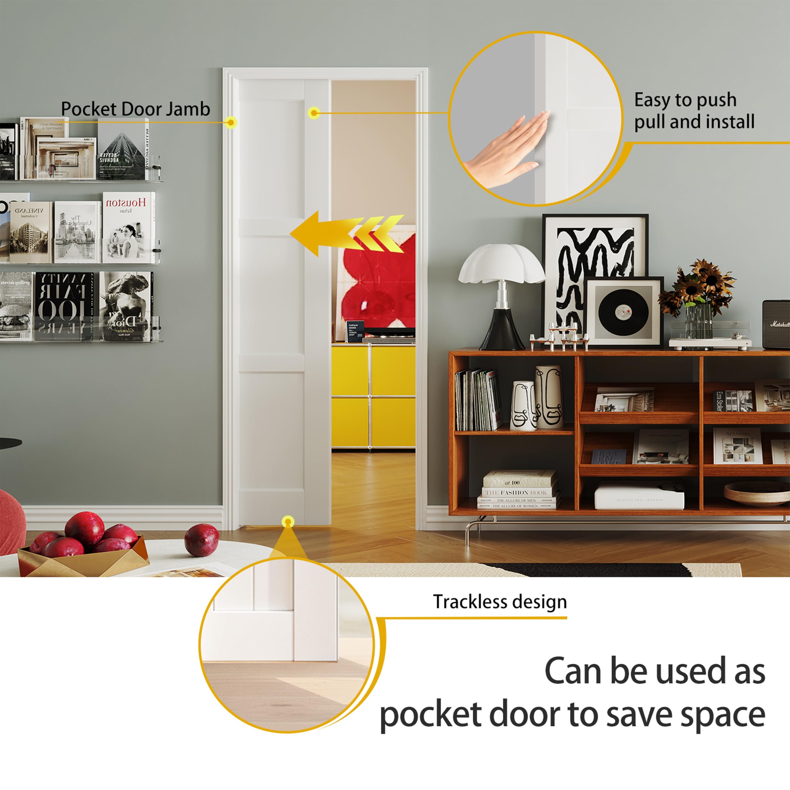 TENONER White MDF 3-Panel Sliding Pocket Door for Bedroom, Closet, Pantry