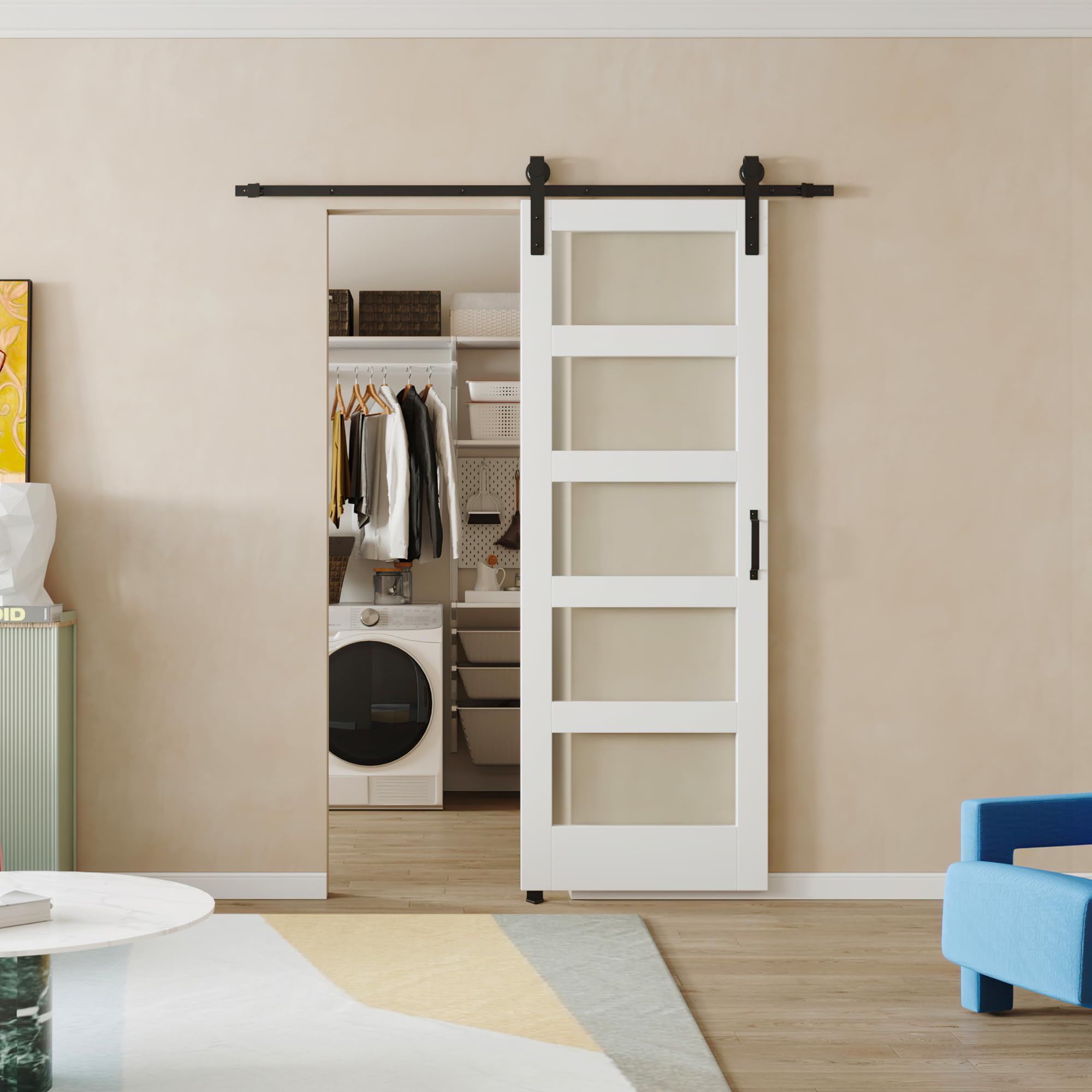 TENONER White 5-Panel Frosted Glass Sliding Barn Door | Solid Wood and MDF Door Panel, Waterproof PVC Surface