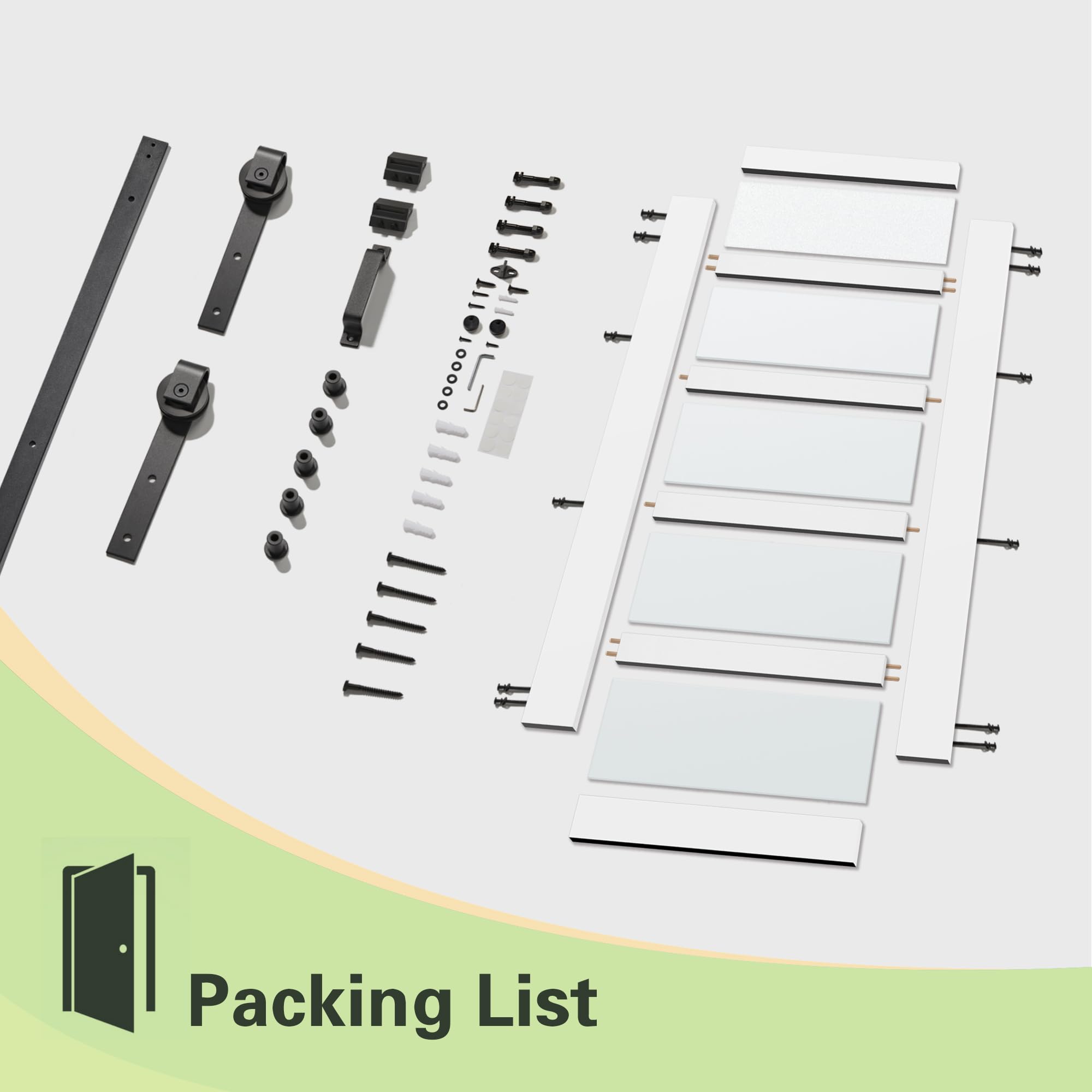 TENONER White 5-Panel Frosted Glass Sliding Barn Door | Solid Wood and MDF Door Panel, Waterproof PVC Surface