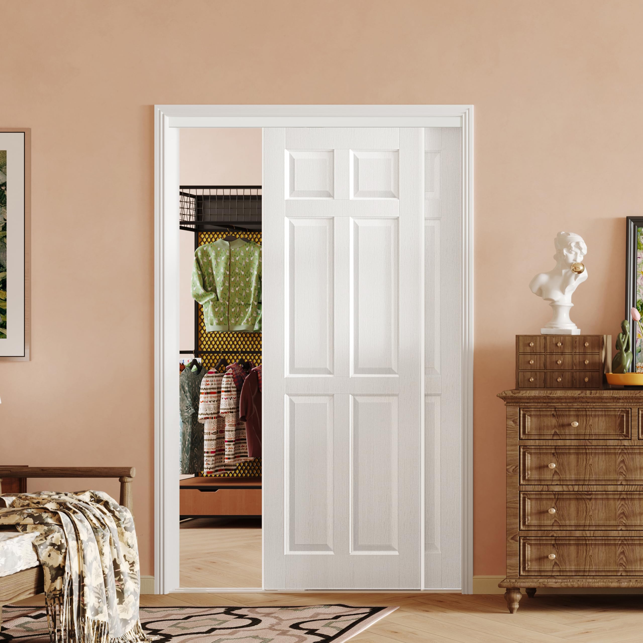 TENONER White 6-Panel Sliding Closet Door with Top and Bottom Track & Complete Hardware Kit - Ultra-Thin Preassembled Paintable
