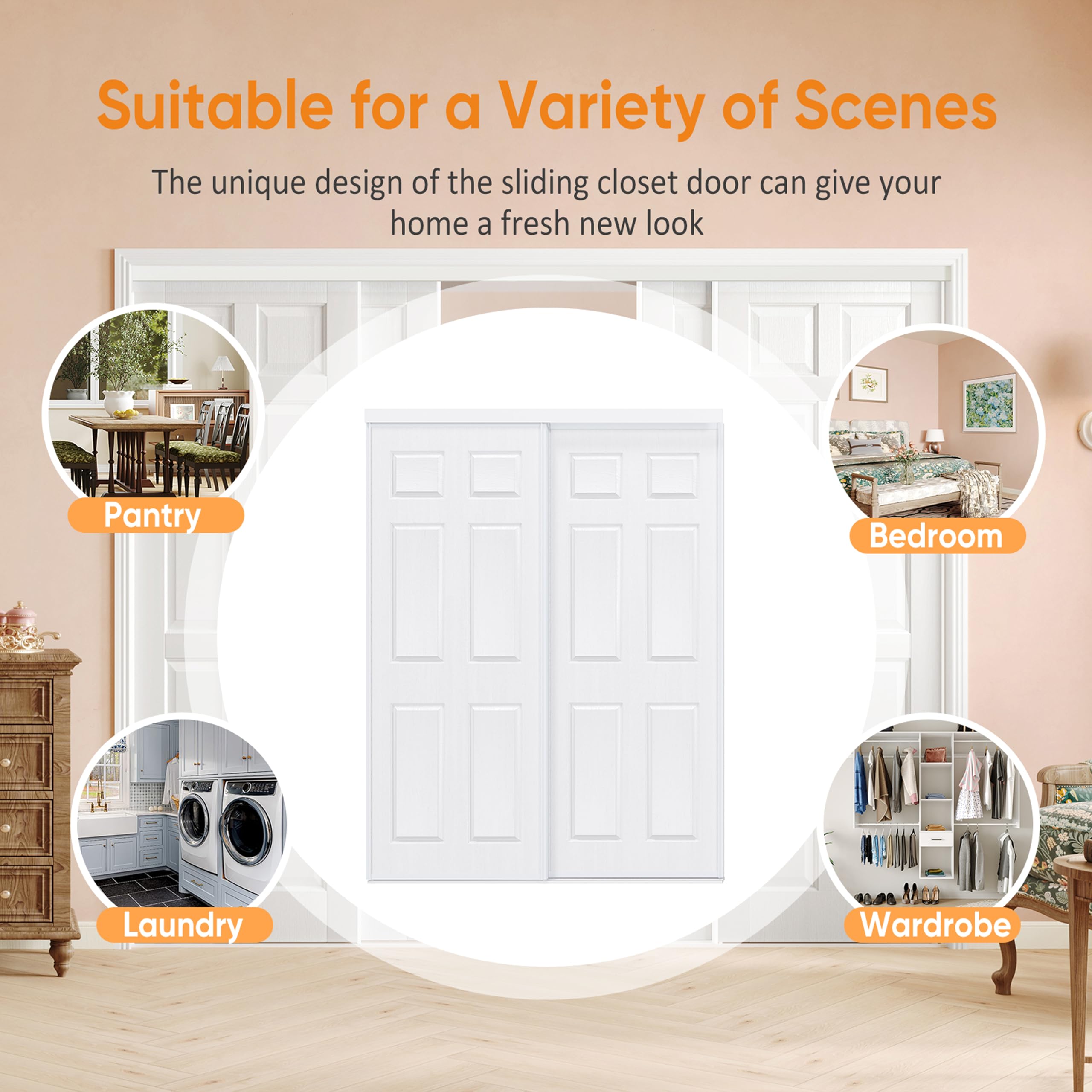 TENONER White 6-Panel Sliding Closet Door with Top and Bottom Track & Complete Hardware Kit - Ultra-Thin Preassembled Paintable