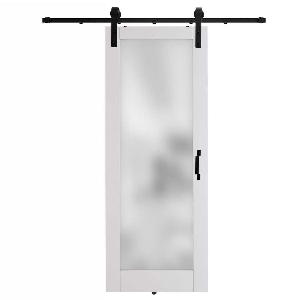 TENONER White  Border 1-Lite Frosted Glass Sliding Barn Door with Hardware