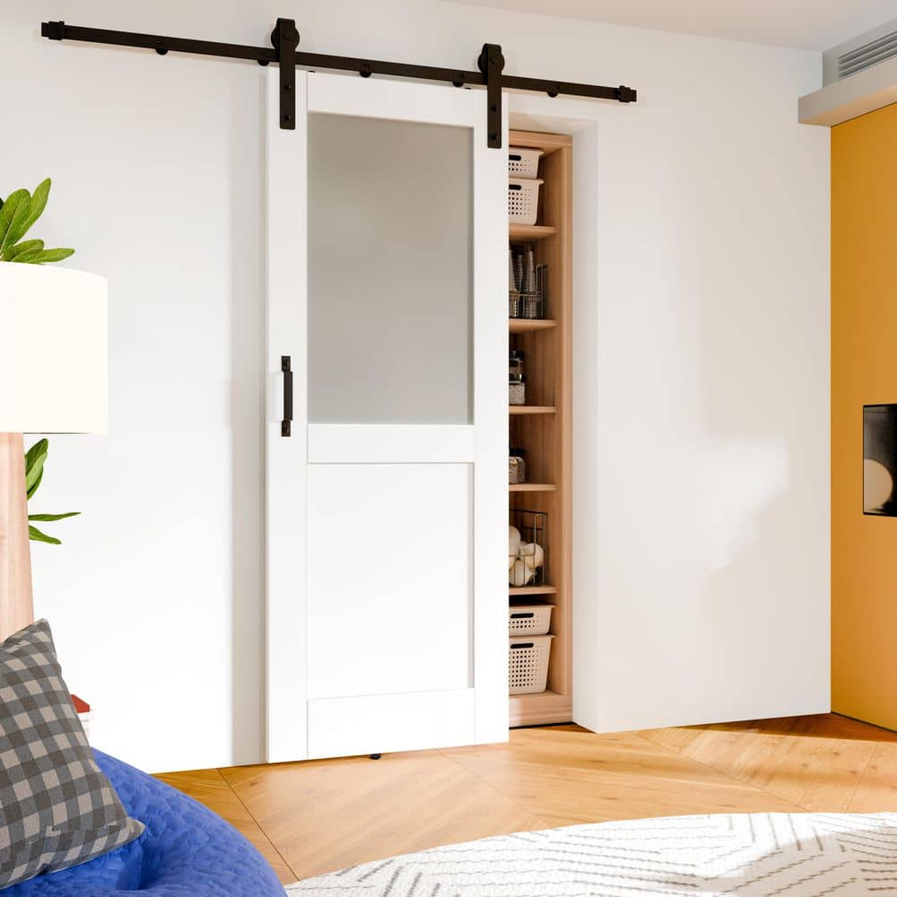 TENONER White Half Frosted Glass Half MDF Sliding Bran Door with Hardware