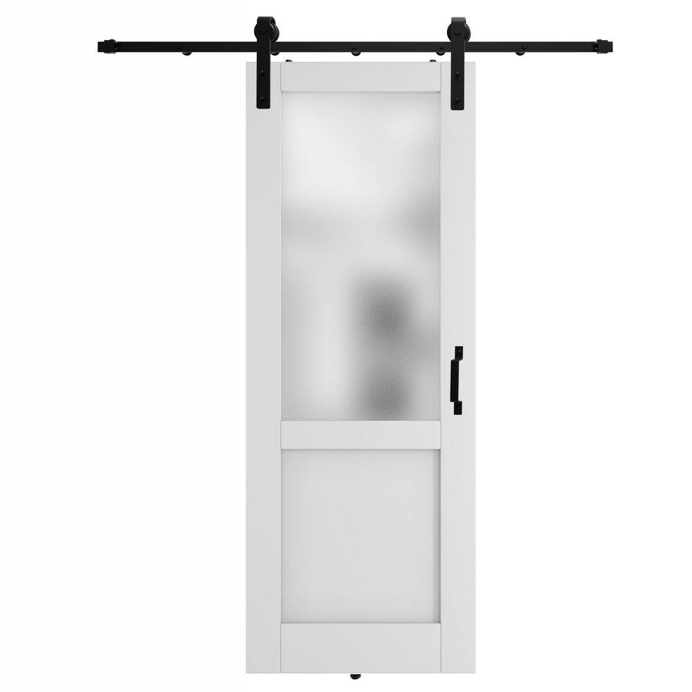 TENONER White Half Frosted Glass Half MDF Sliding Bran Door with Hardware